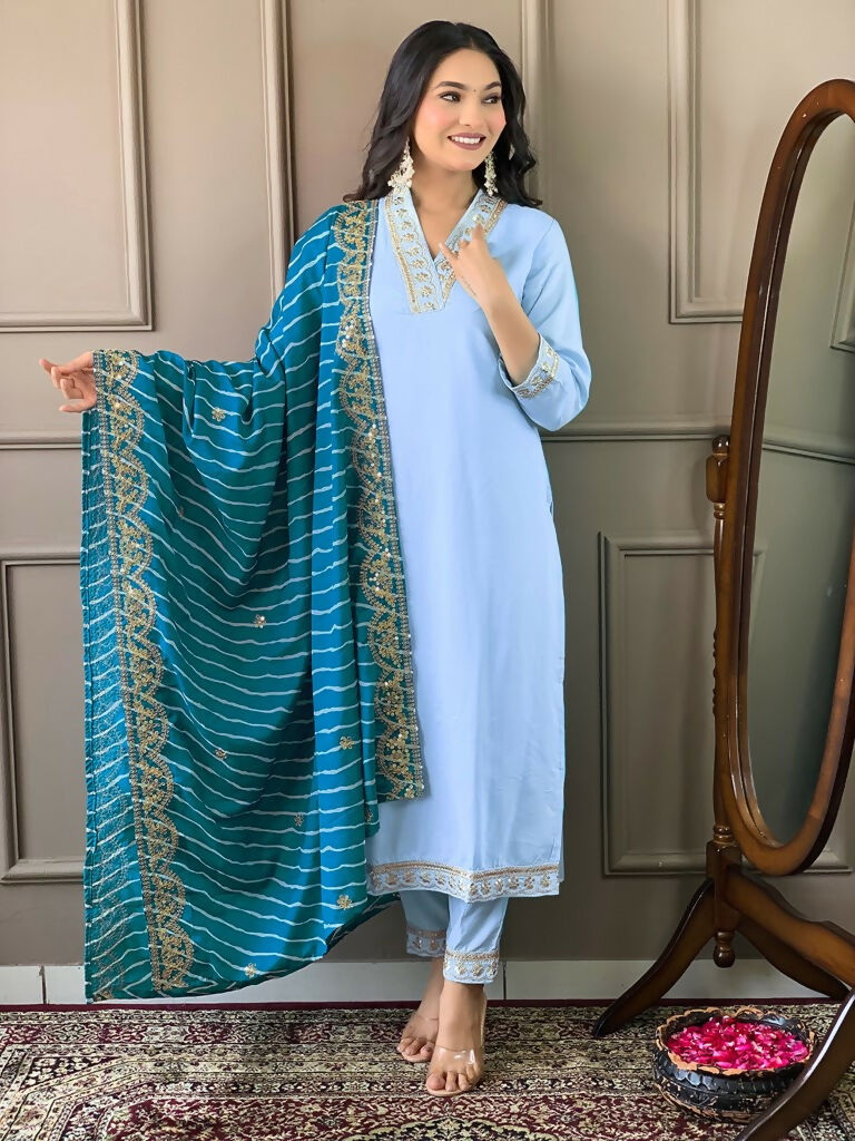 Partywear Designer Viscose Silk Blend Sky Stitched Suit With Dupatta - Tanisha | Swadesiicart
