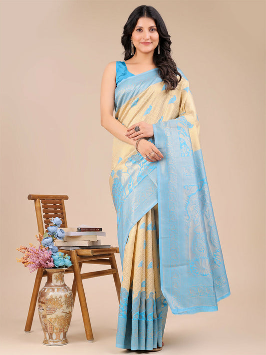 Astita Banarasi Silk Cream & Sky Blue Saree | Swadesiicart
