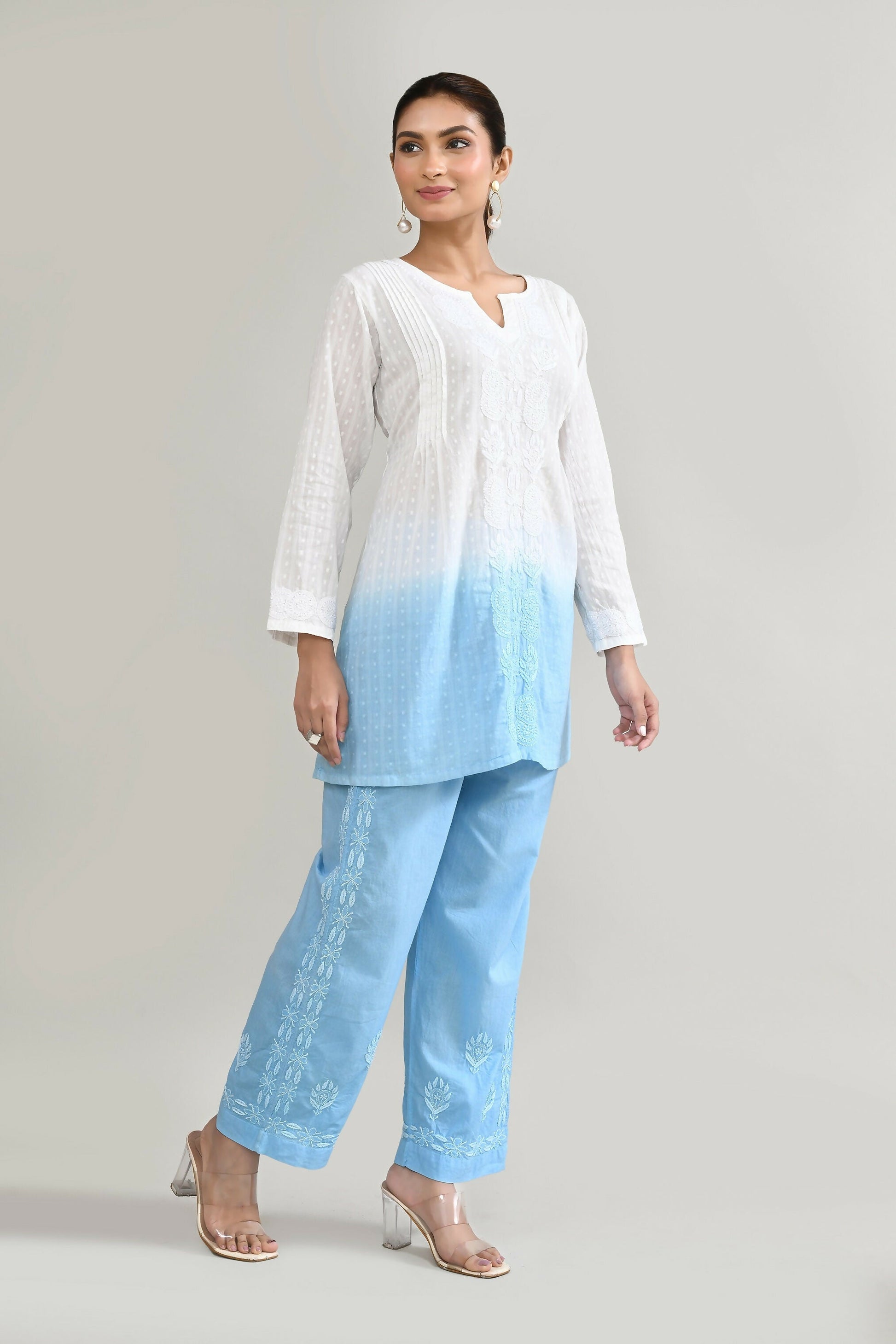 Joban Fashion Womens Cotton ChikanKari Sky Blue & White Cord set - Swadesiicart