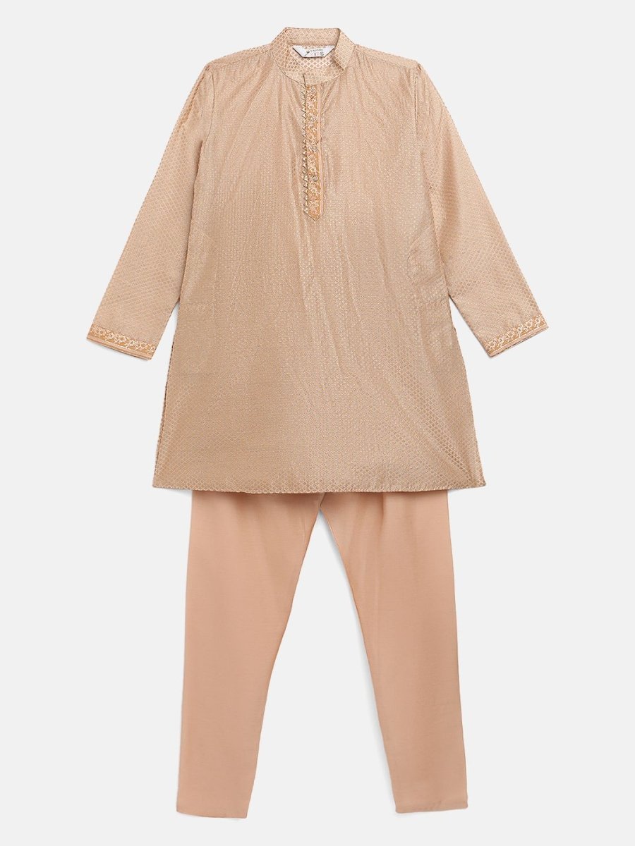 Ahalyaa Boys Beige Poly Silk Gold Printed Kids Kurta Churidar Set | Swadesiicart