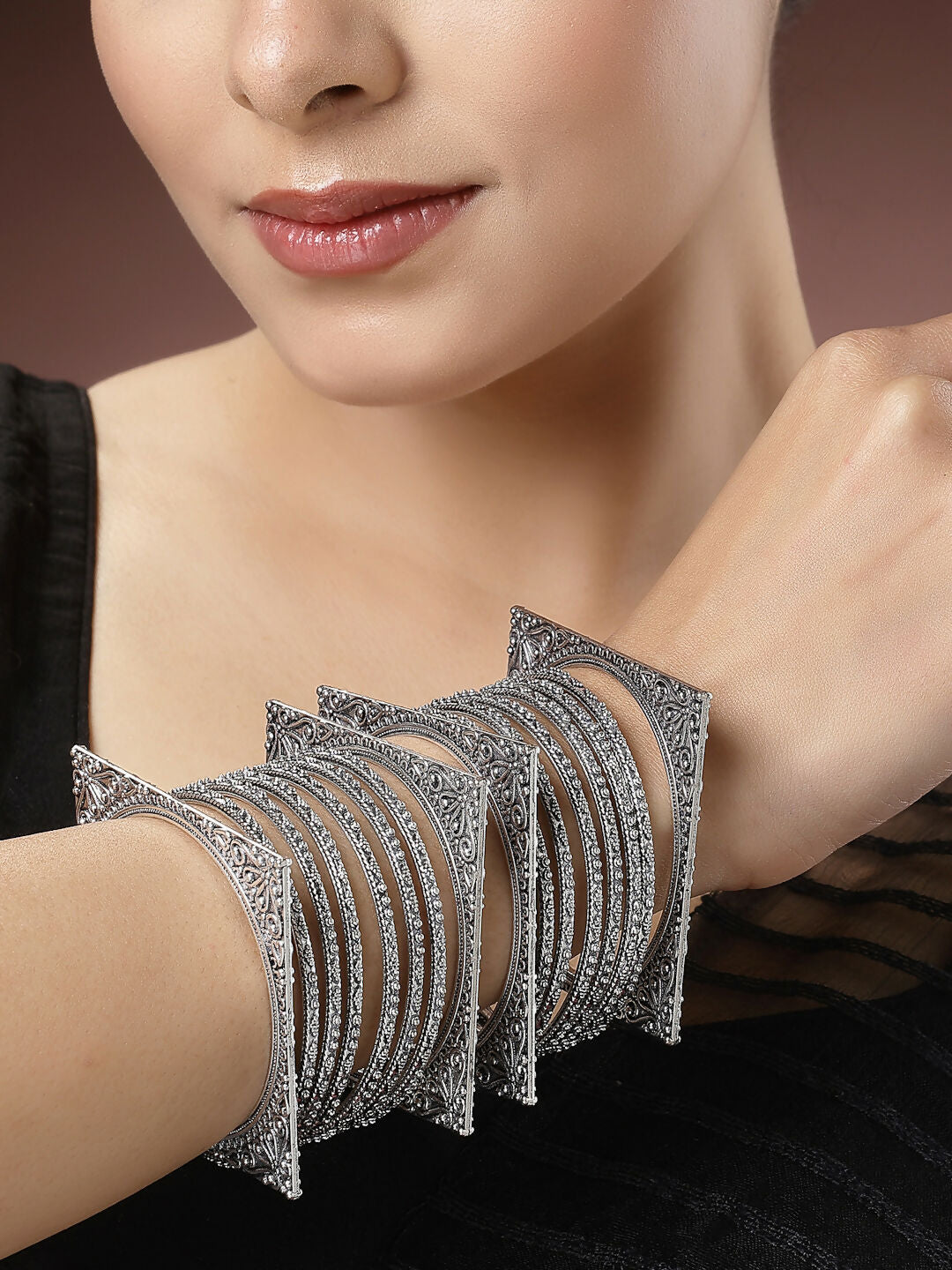 NVR Women's Set of 8 Silver-Toned German Silver Oxidised Bangles - NR Retail-NVR