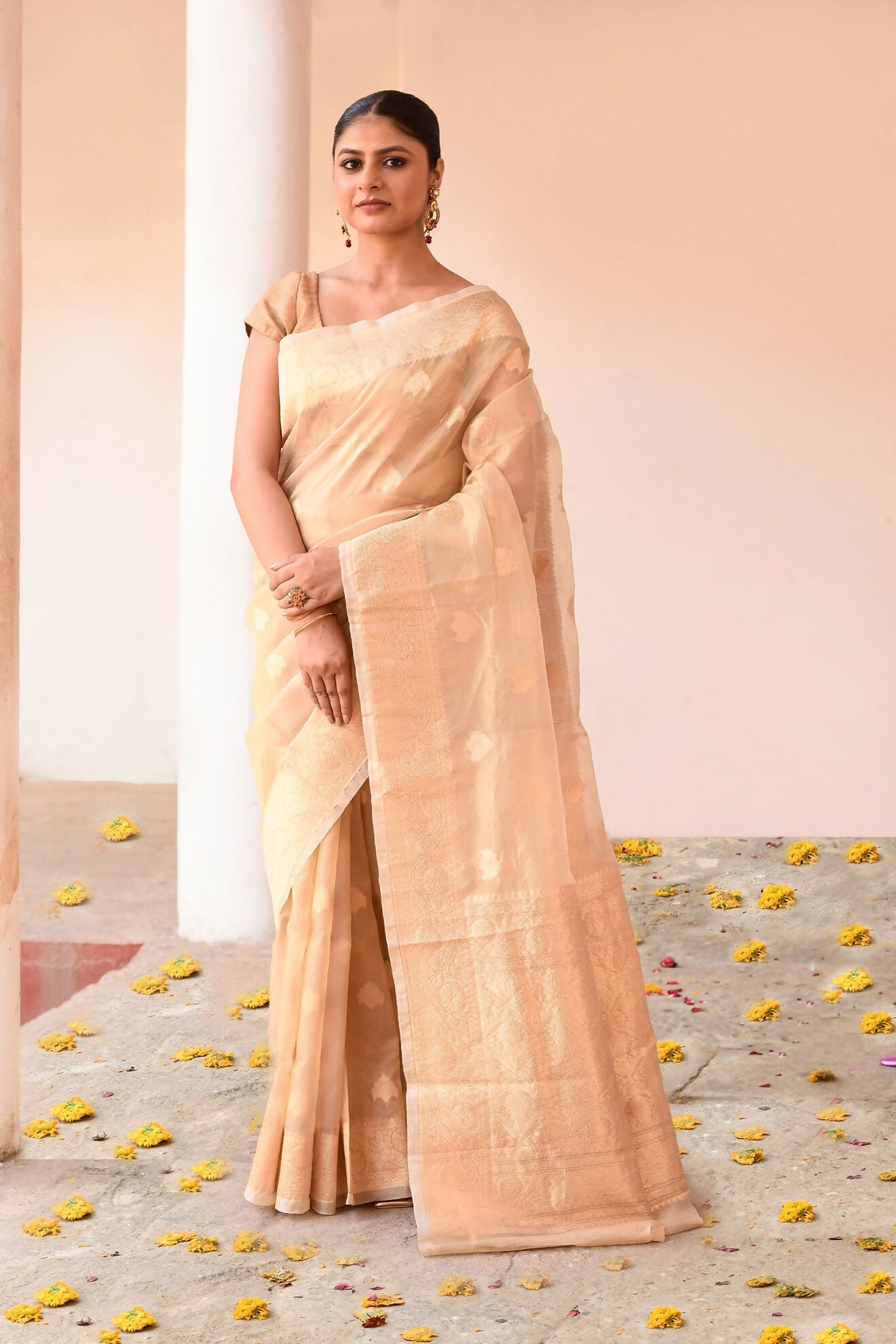 Joban Fashion Gold Banarasi Kora Tissue Pure Handloom Banarasi Silk Saree | Swadesiicart