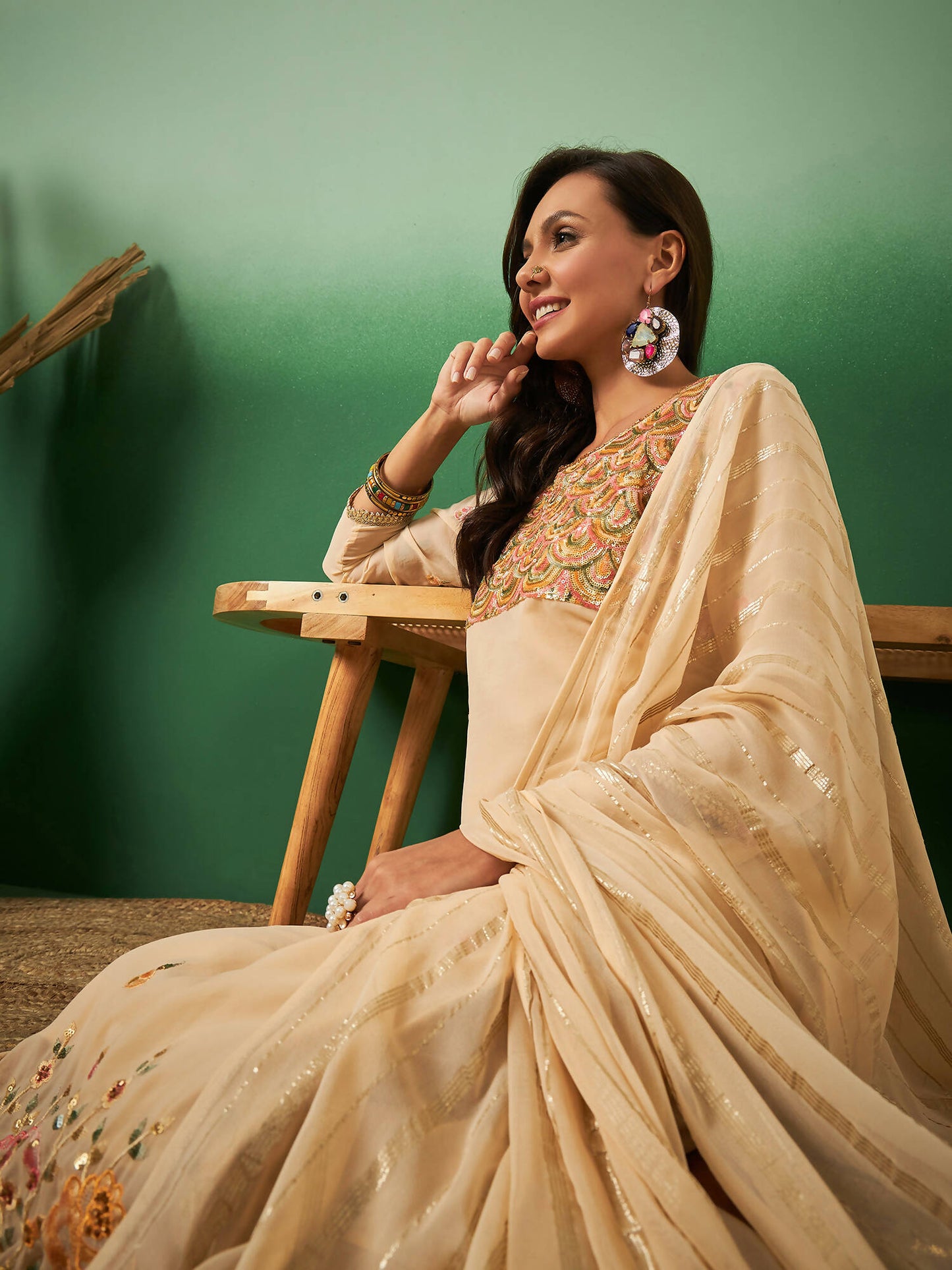 Light Orange Georgette Handwork Unstitched Dress Material - Hanika | Swadesiicart