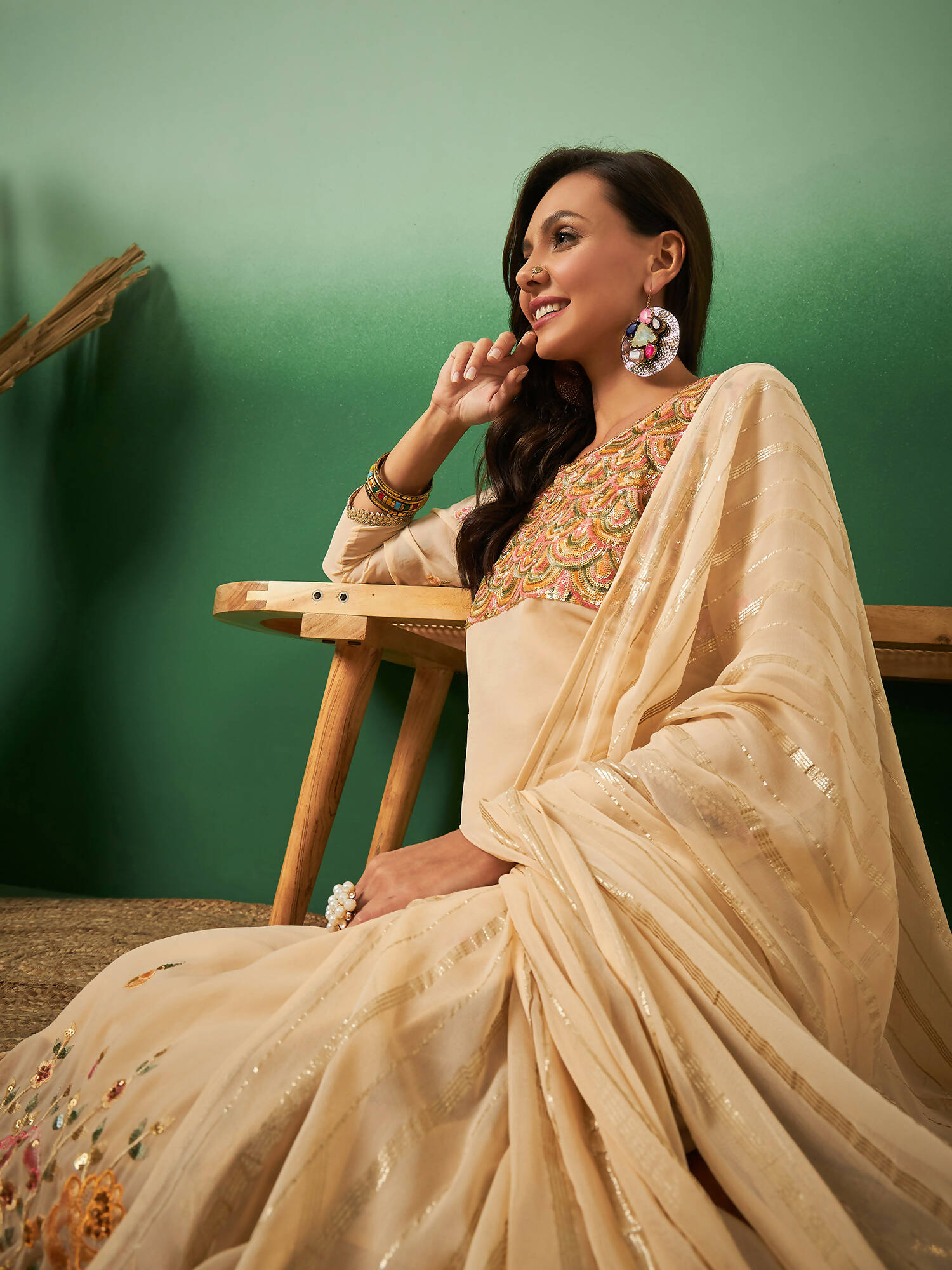 Light Orange Georgette Handwork Unstitched Dress Material - Hanika | Swadesiicart