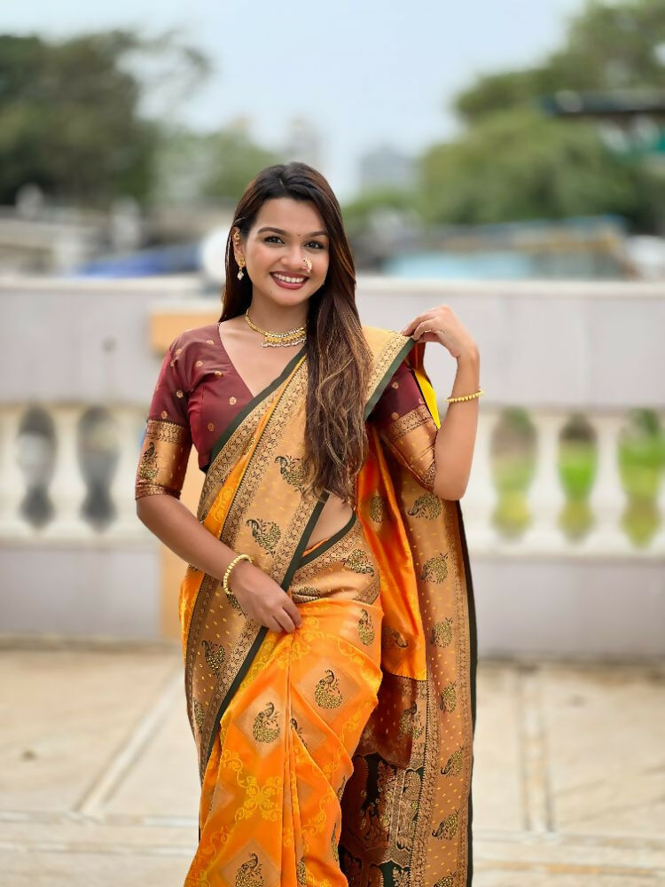PR Fashion Mustard Orange Soft Banarasi Silk With Zari Weaving Meenakari Design Saree | Swadesiicart