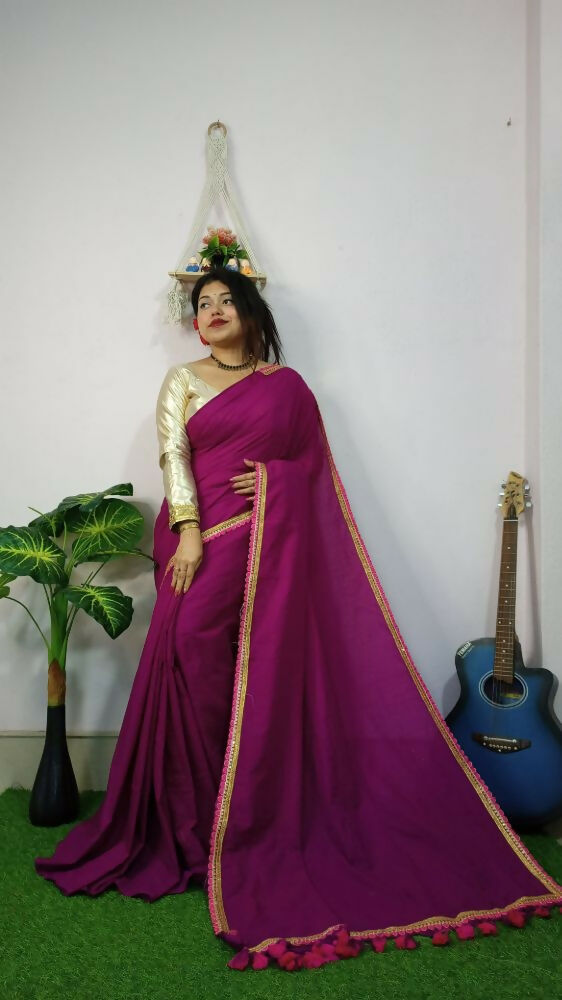 Exclusive Collection Beautiful Khadi Cotton Handloom Saree With Beautiful Zari Border - Purple - Swadesiicart