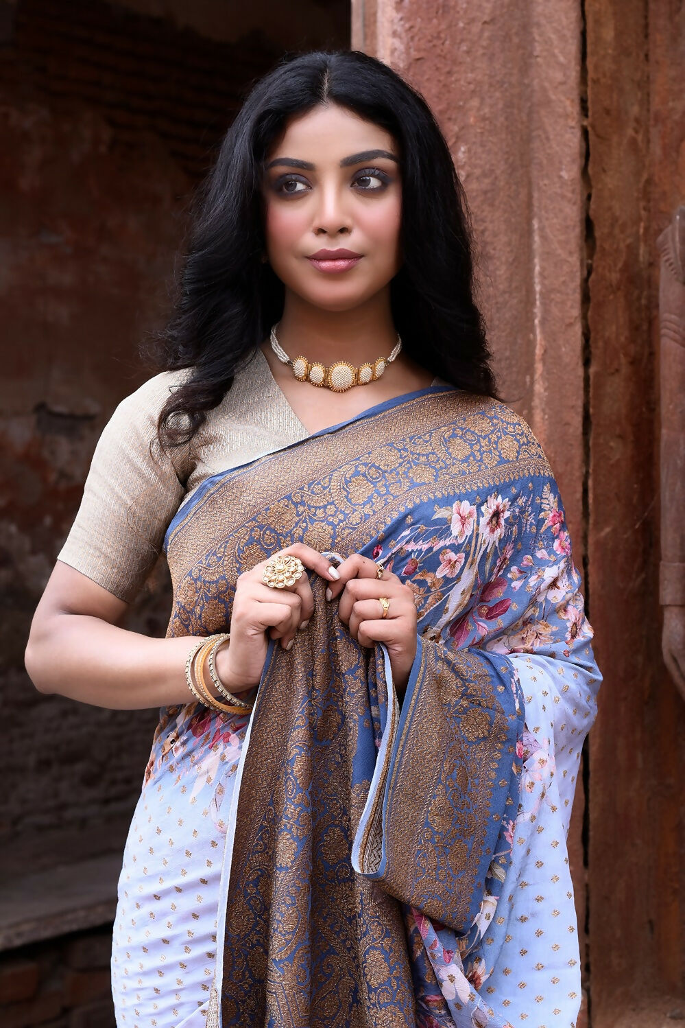 Joban Fashion Dusty Blue Crepe Chiffon Pure Handloom Banarasi Silk Saree | Swadesiicart