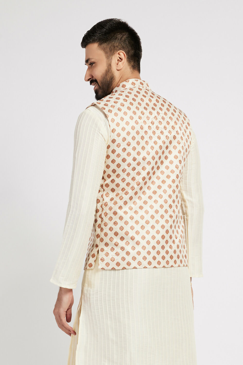Ethnic India Cream Bundi Men's Jacket Geometric Polyester | Swadesiicart