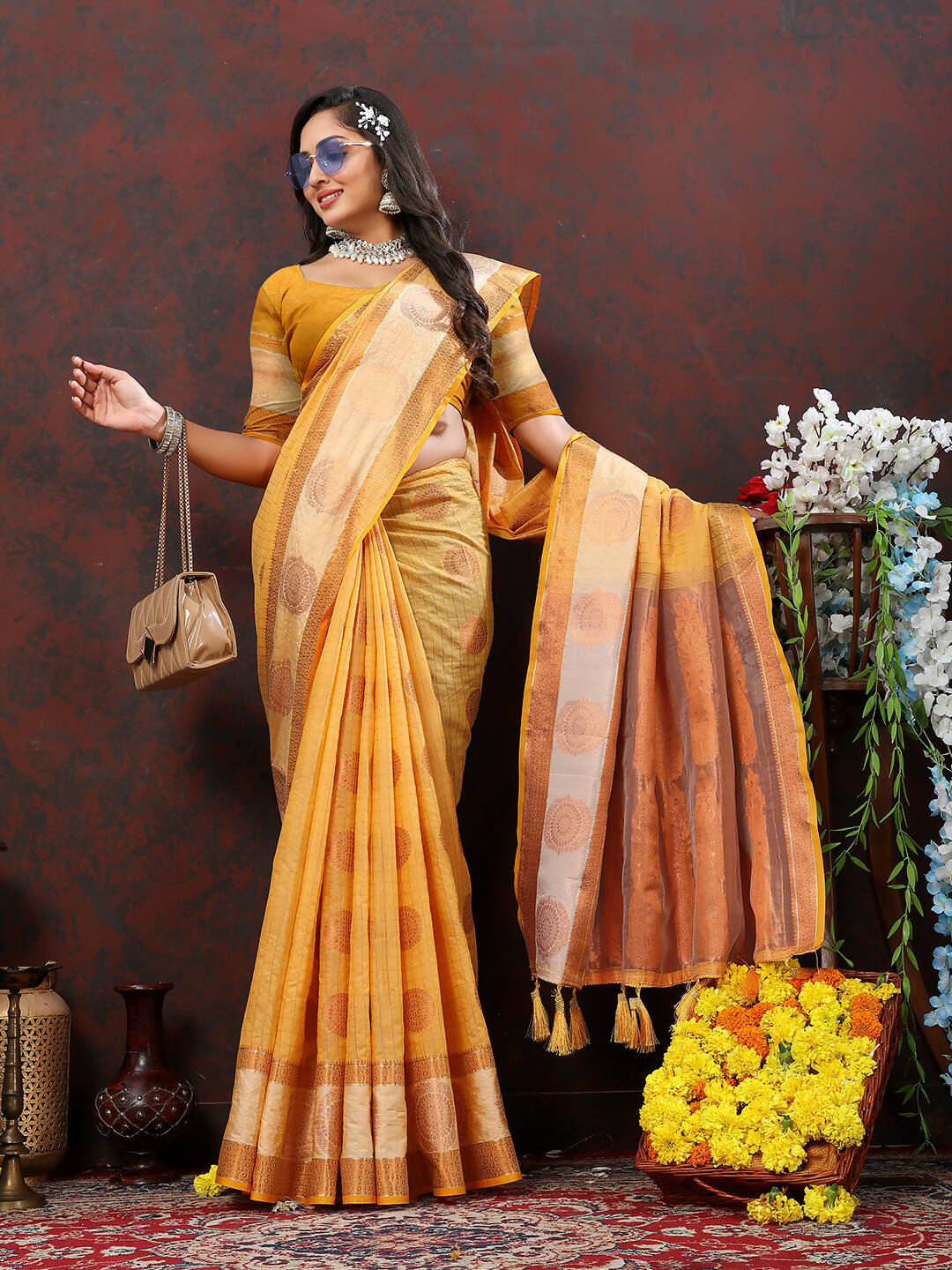 Lorenvalley Fashion Orange Cotton with Woven Design Zari Weaving Saree - Swadesiicart