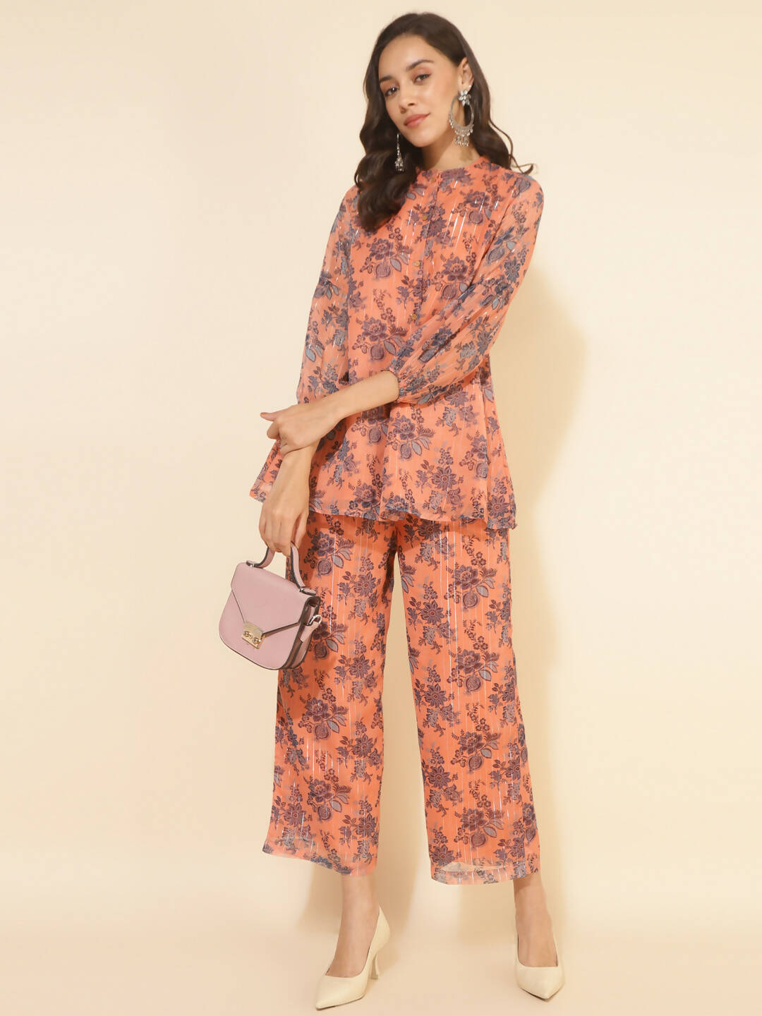 Janasya Women's Peach Chiffon Lurex Floral Printed Festive Regular Co-ords - Swadesiicart