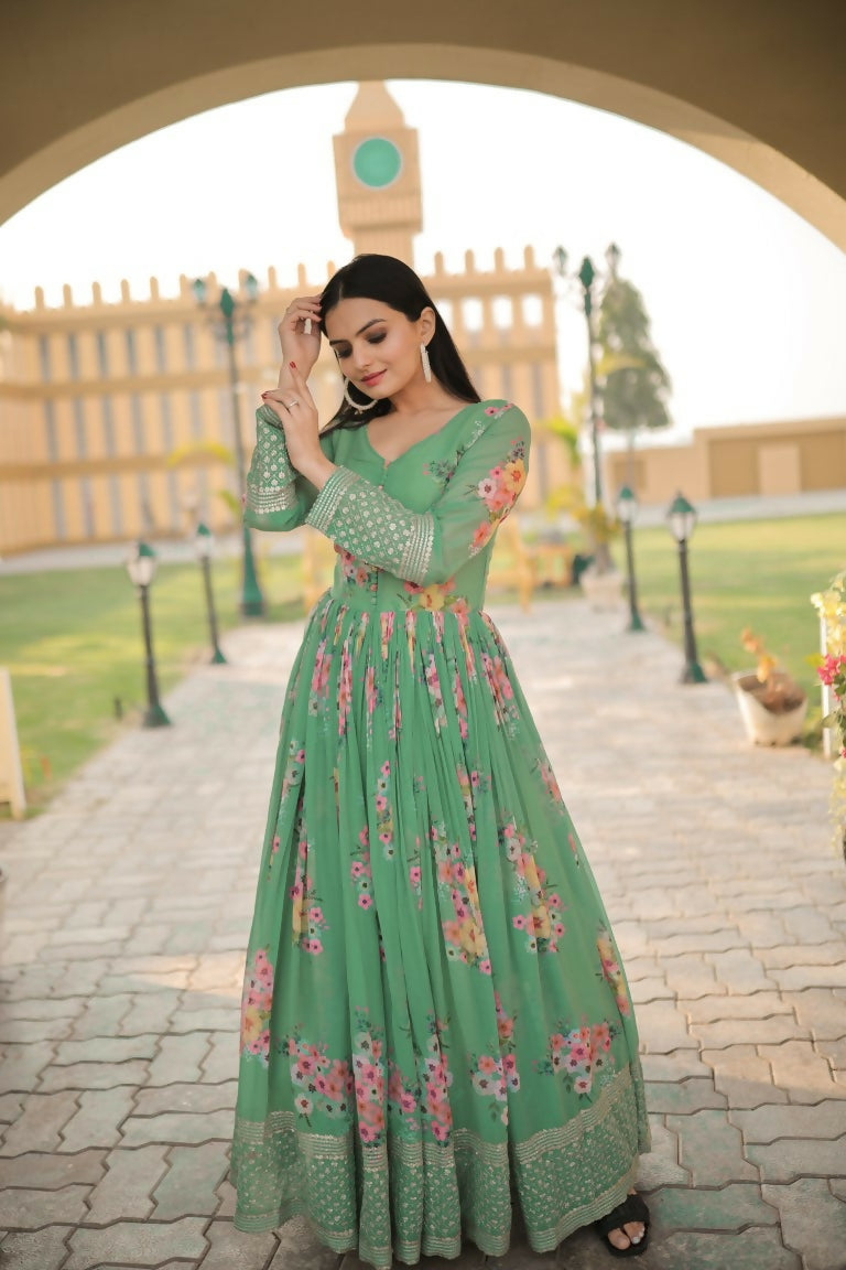 Jyoti Fashion Women's Green Digital Print with Sequence Zari Embroidered Faux Georgette Anarkali Dress | Swadesiicart