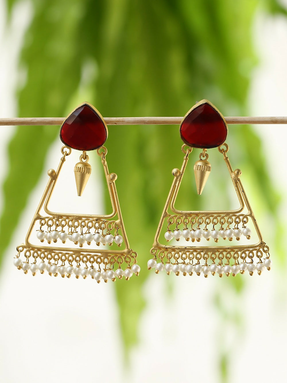 Joban Fashion Women Handcrafted Red Stone Matte Gold Earrings | Swadesiicart