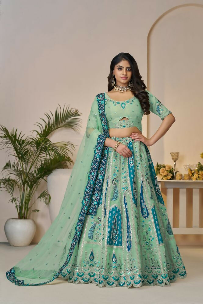 Kesar Fab Sky-Blue Banarasi Silk Embroidered Lehenga | Swadesiicart
