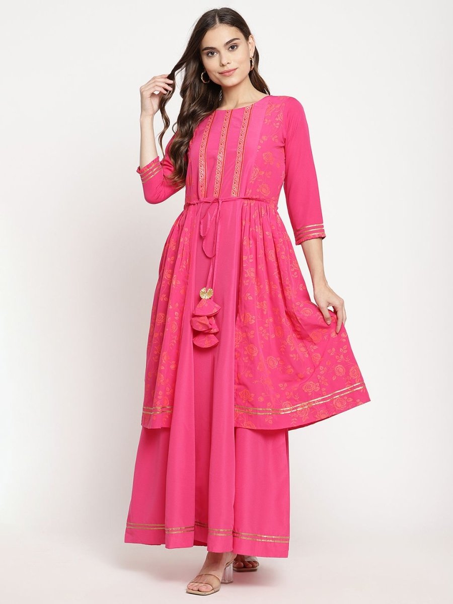 Ahalyaa Dark Pink Crepe Khari Print Dress For Women | Swadesiicart