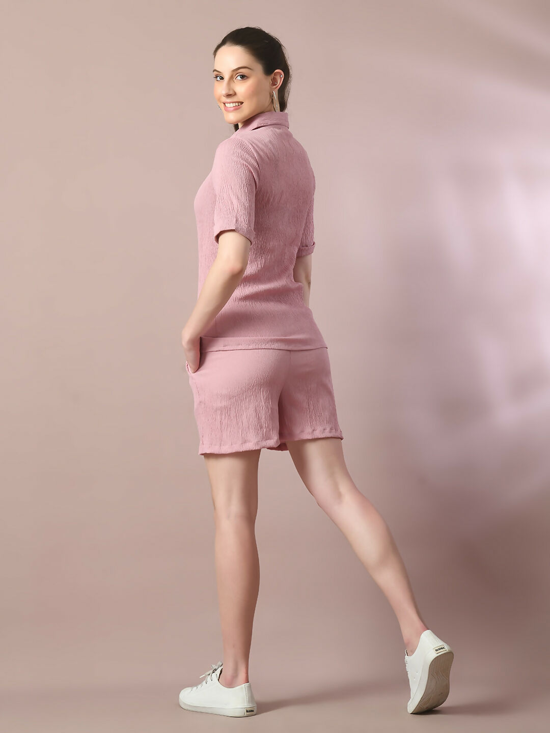 Myshka Women's Pink Solid Shirt Collar Party Shirt With Shorts Co-ord set - Swadesiicart