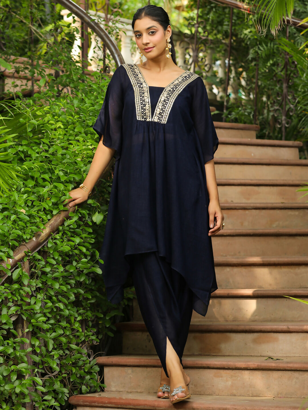 Janasya Navy Blue Silk Blend Yoke Embroidery Co-Ords - Swadesiicart