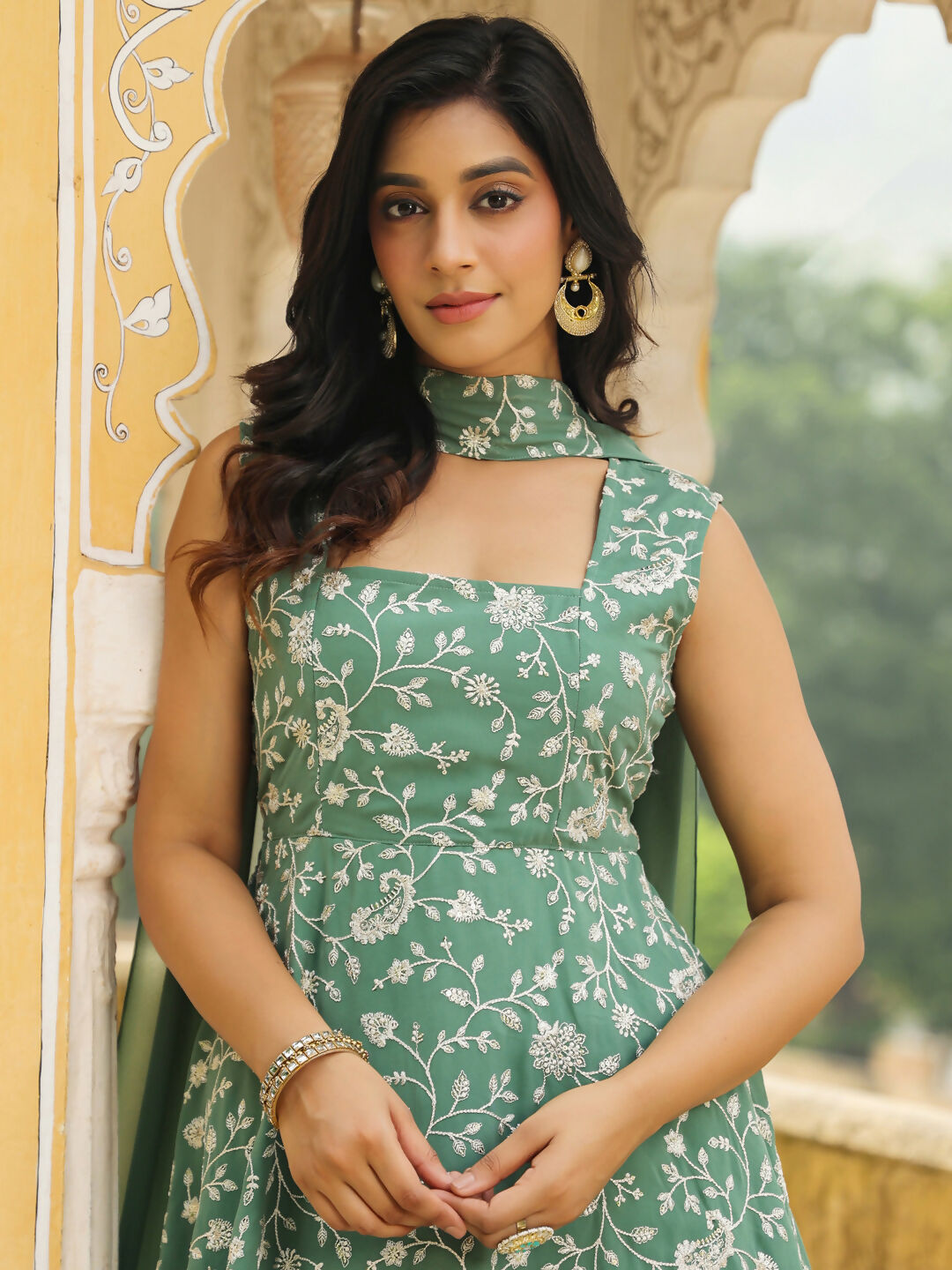 Janasya Sage Green Georgette Embroidered Kurta,Bottom & Dupatta | Swadesiicart