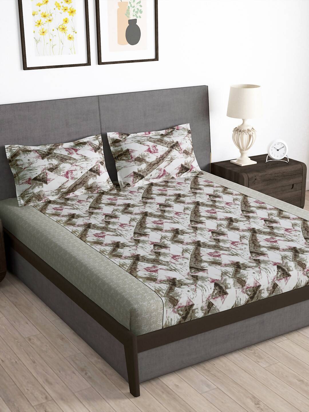 Story@home Brown & Pink Abstract Microfiber 180 TC Bedsheet With Pillow Cover - Swadesiicart