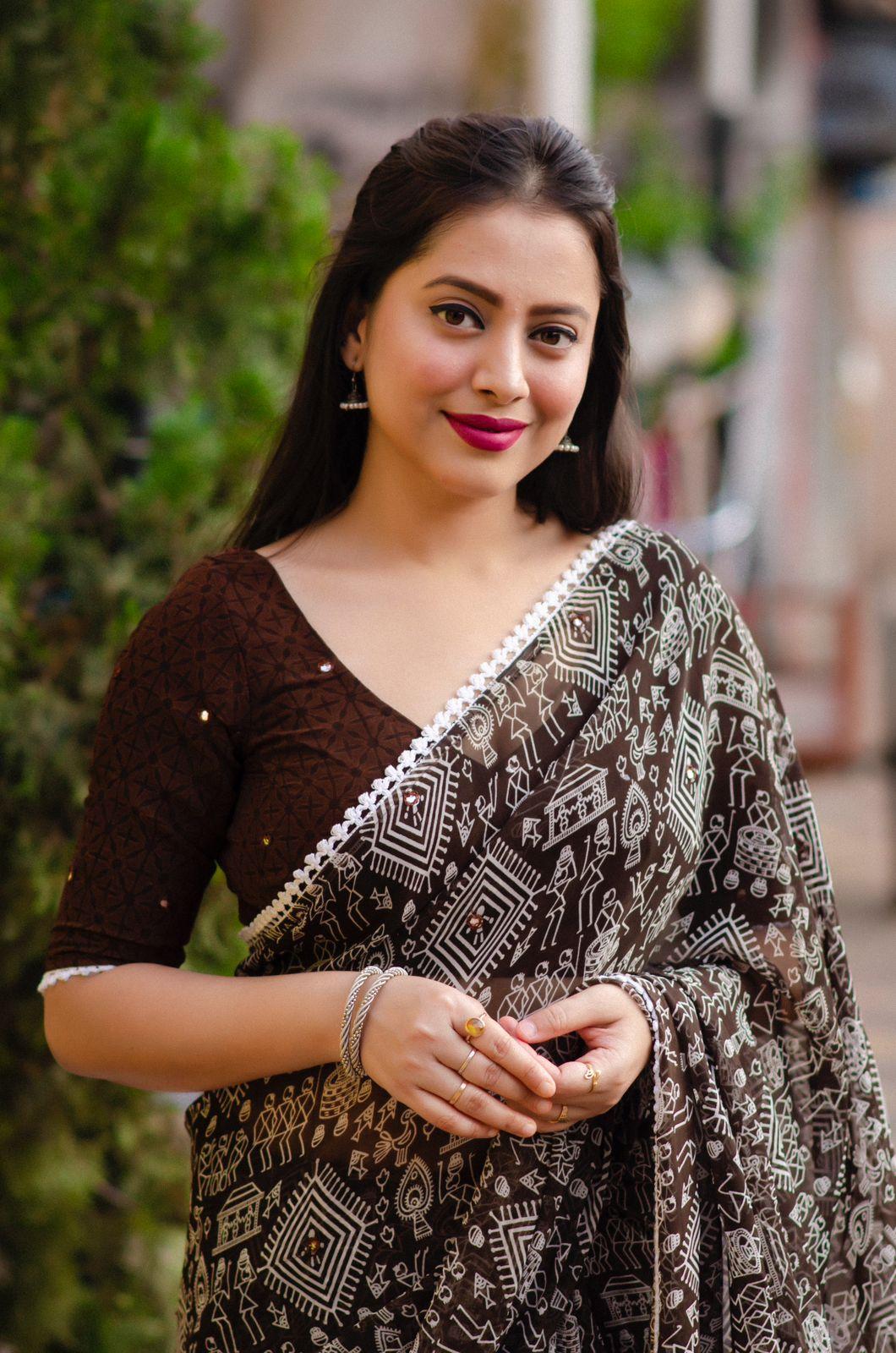 Coffee Poly Georgette Ethnic Motifs Saree with Unstitched Blouse - Hiral Fashion | Swadesiicart