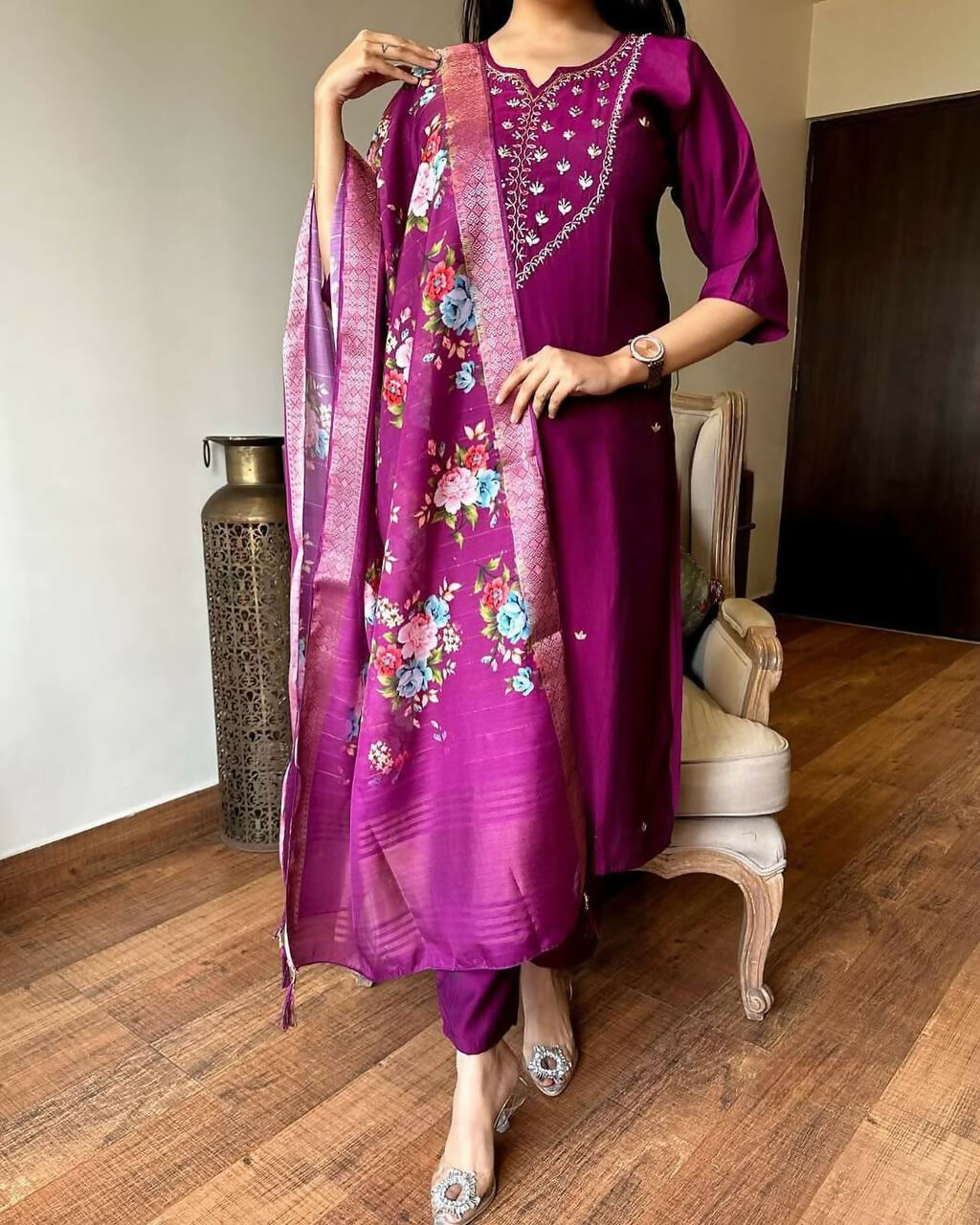 The52 Wine Women's Gorgeous Embroidered Rayon Fabric Straight Kurta Pant with Dupatta Set - Swadesiicart