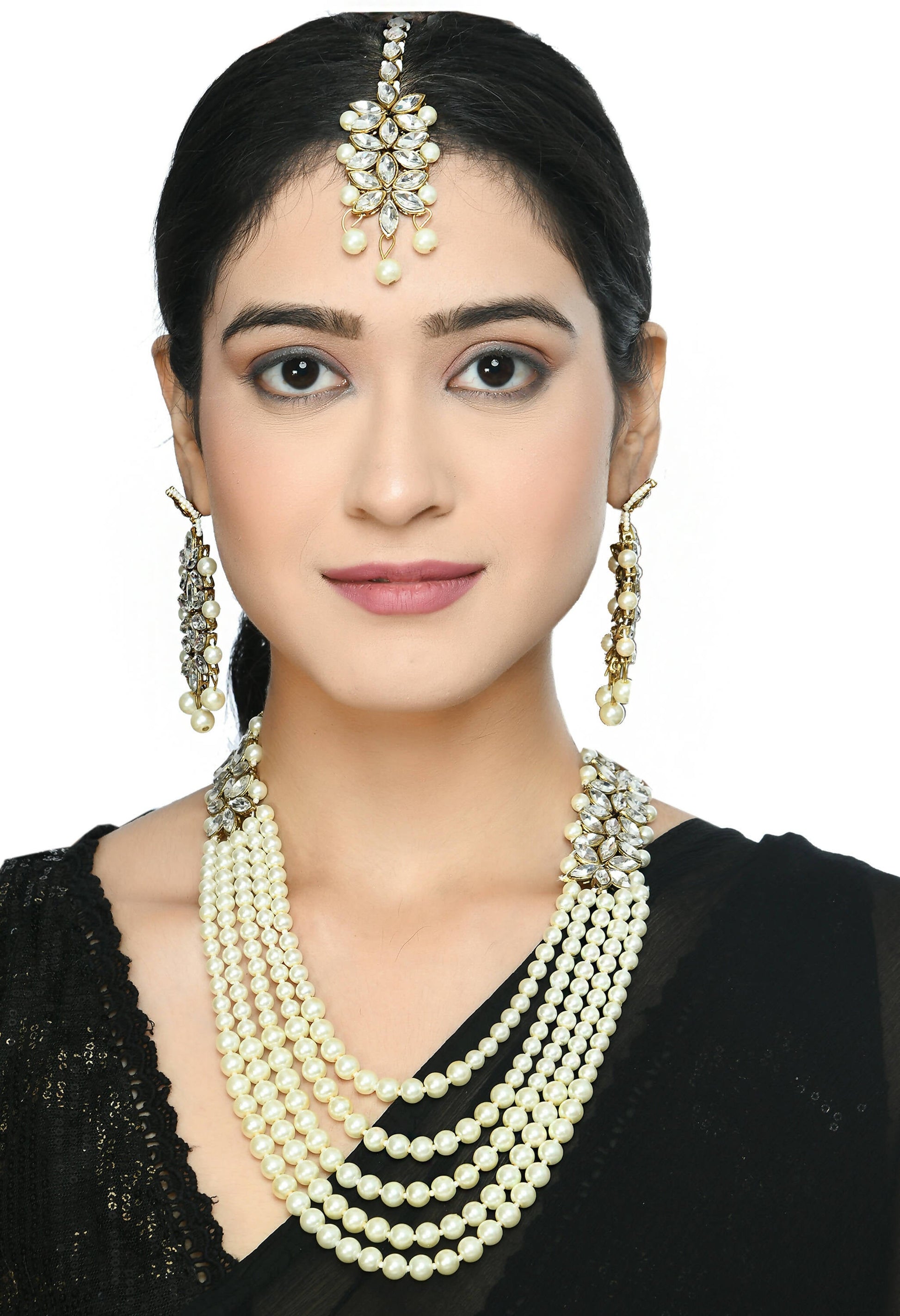 Mominos Fashion Johar Kamal Gold-Polished Rani Haar with White and Off white Pearls Jewellery Set - Swadesiicart