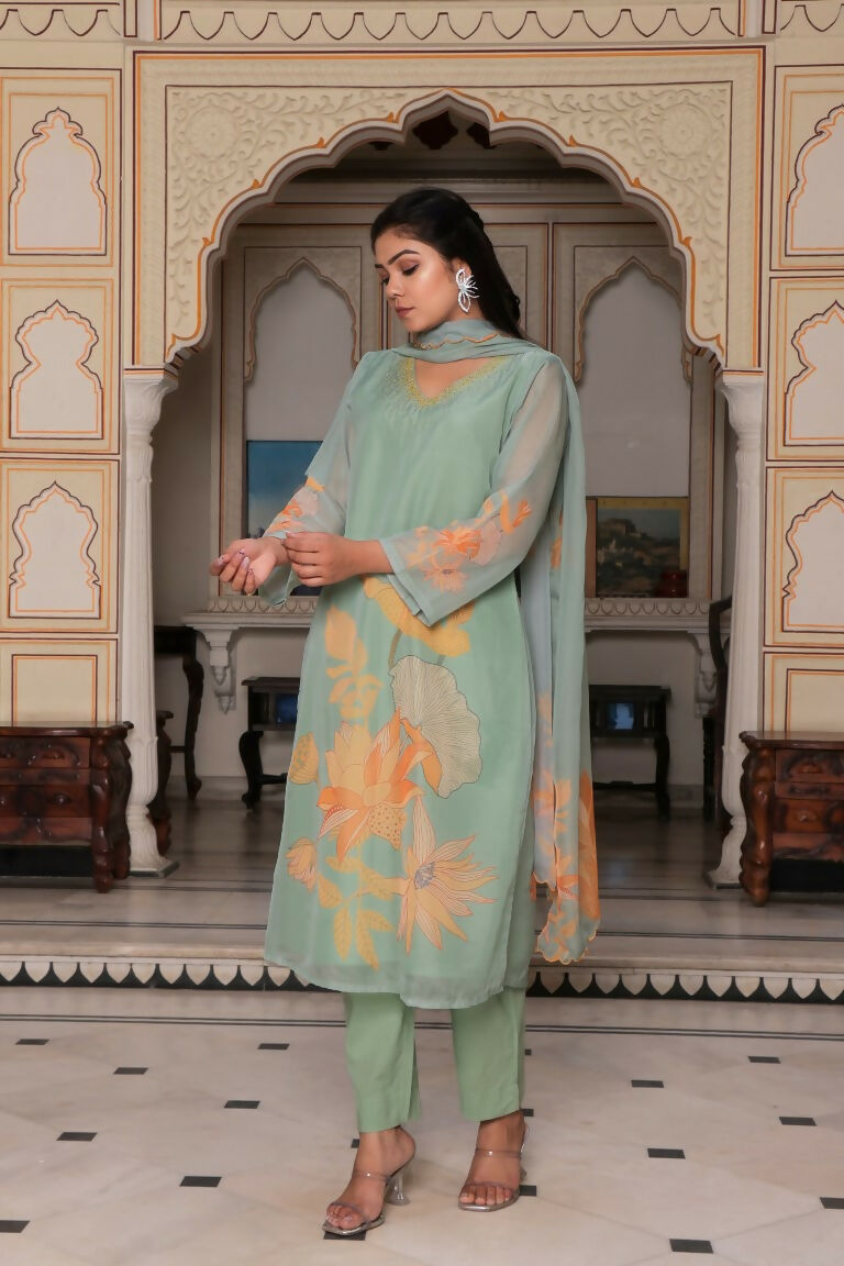 Vaasva Women Teal Green Tabby Slik Print & Embroidered Kurta, Pant & Dupatta set | Swadesiicart
