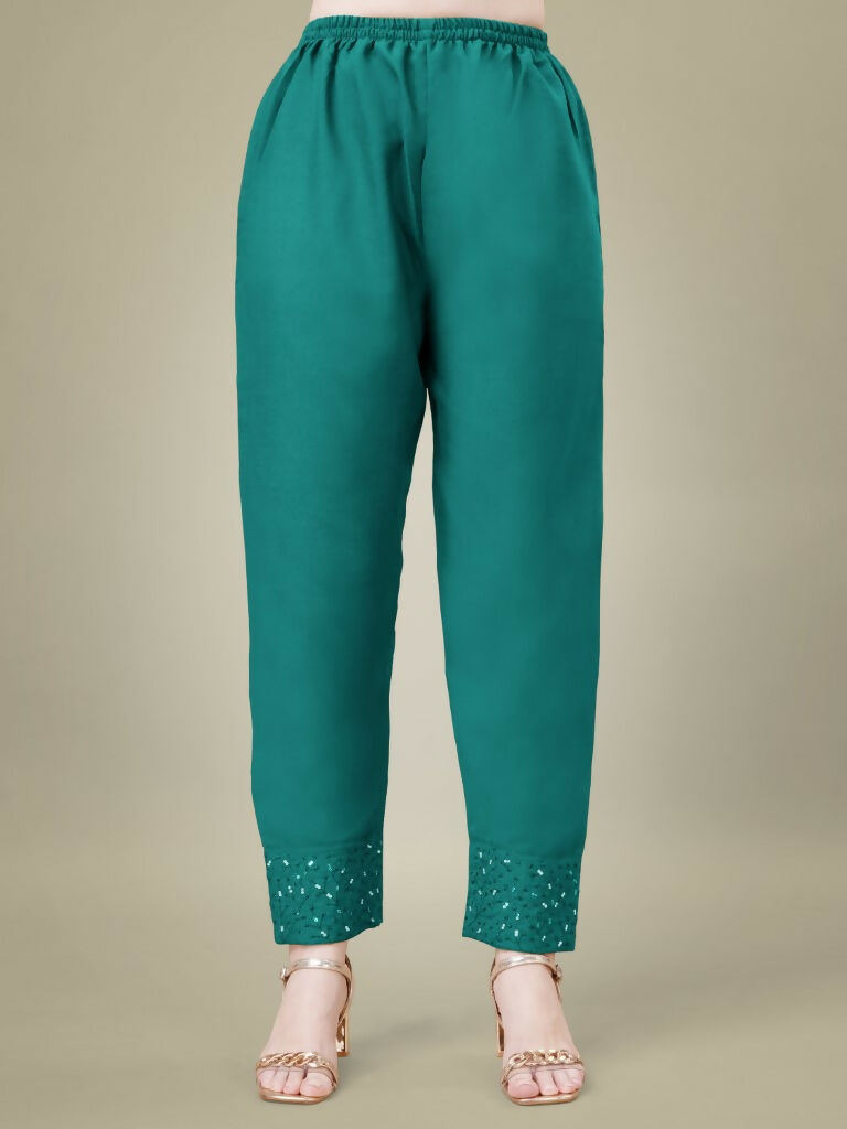 Jyoti Fashion Women's Teal Cotton Blend Embroidery & Sequence work Kurta with Trouser & Dupatta | Swadesiicart