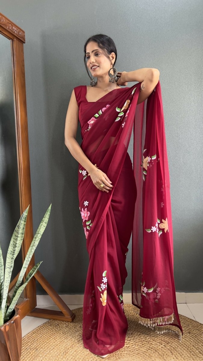 Aayaa Designer 1 min Hand Painted Ready to Wear saree - Maroon | Swadesiicart