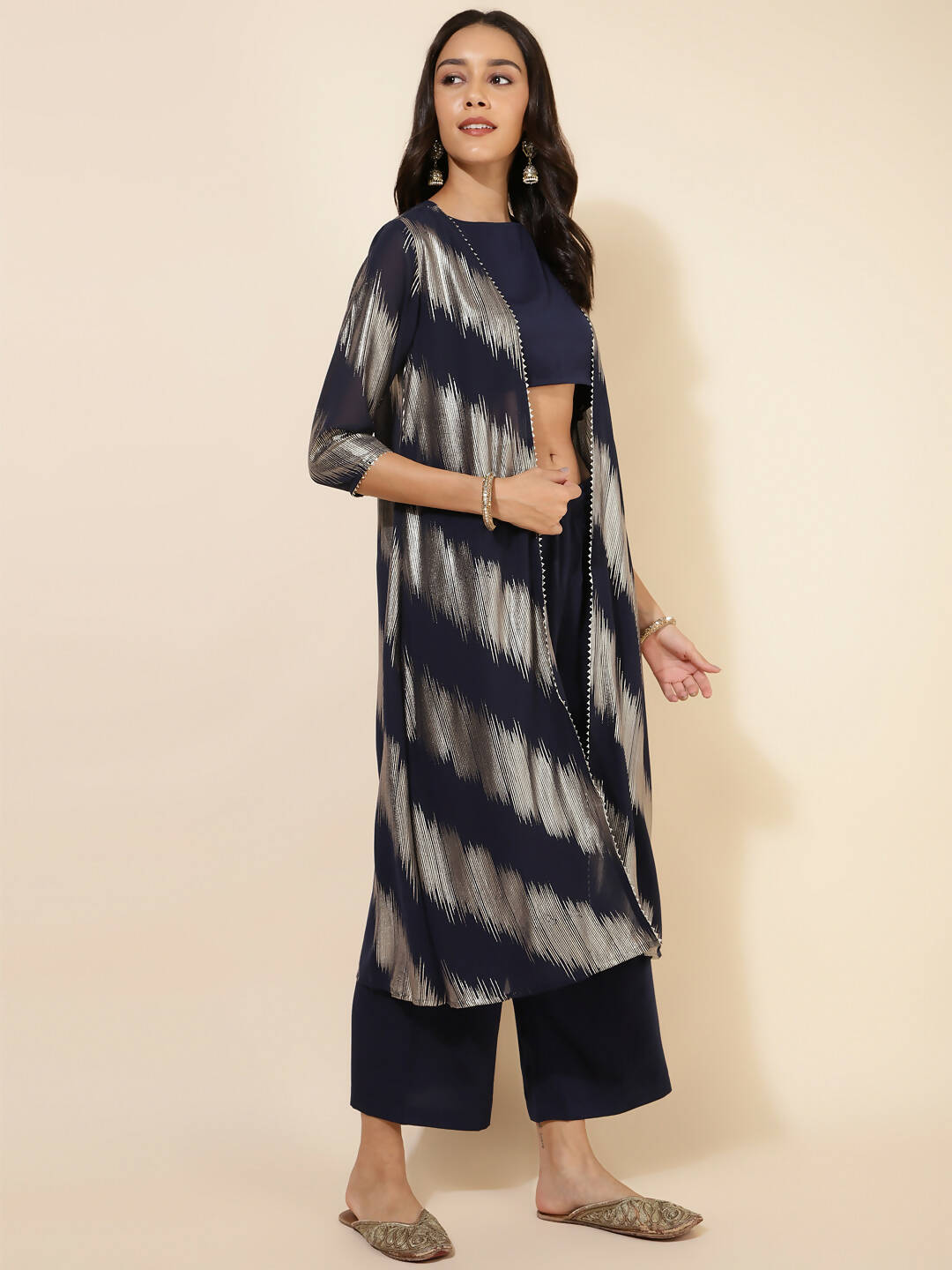 Janasya Women's Dark Blue Crepe Foil Printed Festive Crop Top Set | Swadesiicart