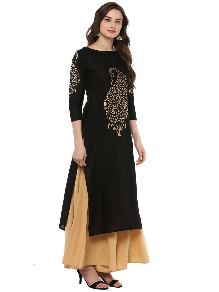 Ahalyaa Black Chanderi Gold Print Kurta | Swadesiicart