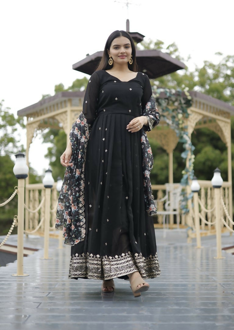 Jyoti Fashion Women's Black Faux Blooming Sequins with Zari Embroidery Anarkali Dress with Dupatta | Swadesiicart