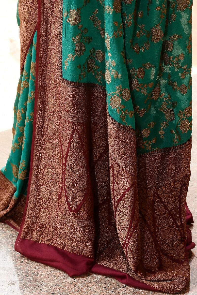 Joban Fashion Teal Green Crepe Chiffon Pure Handloom Banarasi Silk Saree | Swadesiicart