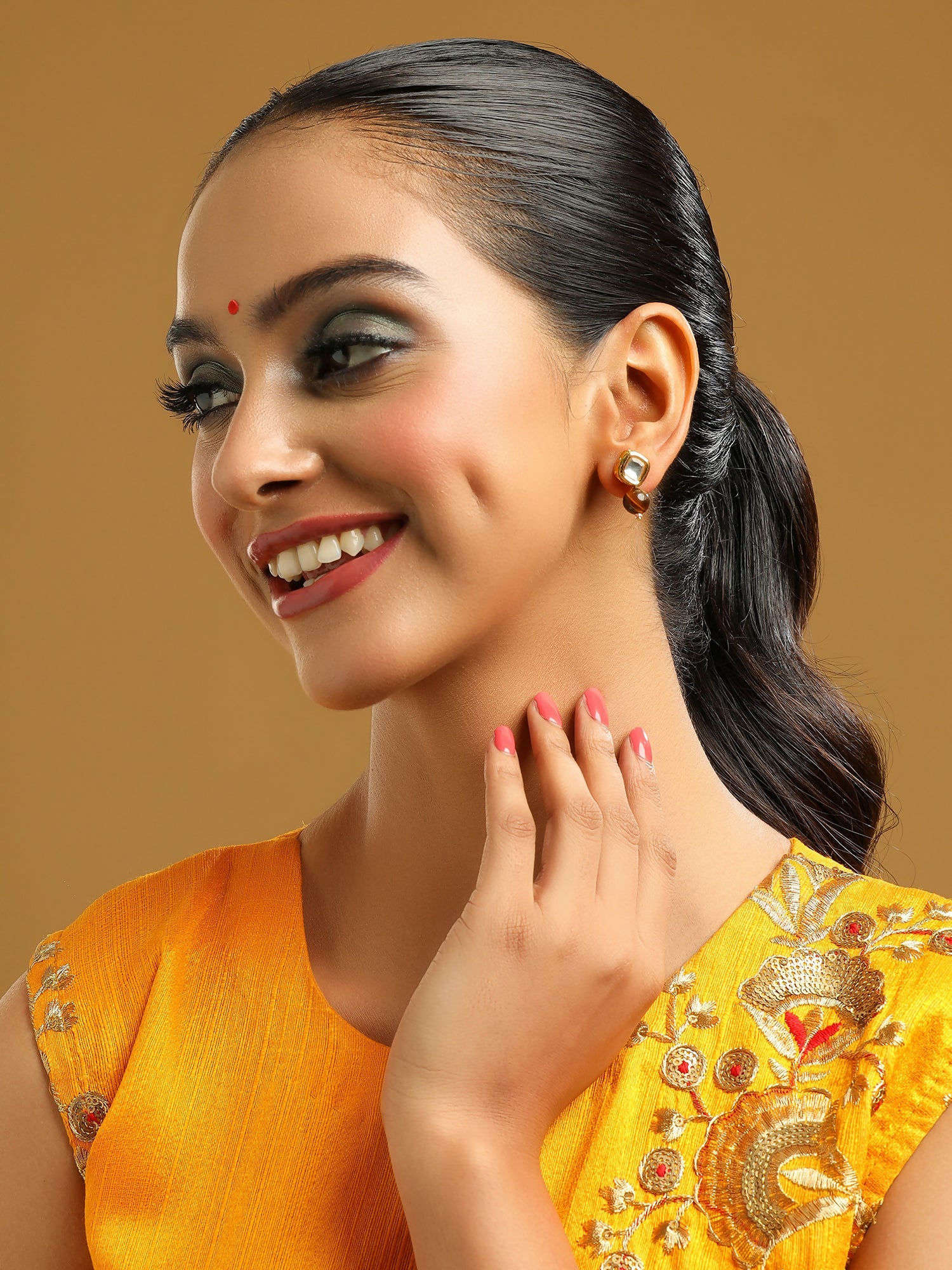 Ruby Raang Brown Tiger Eye Stone Kundan Studs | Swadesiicart