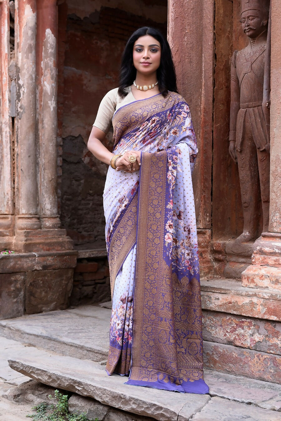 Joban Fashion Shade Of Orchid Crepe Chiffon Pure Handloom Banarasi Silk Saree | Swadesiicart