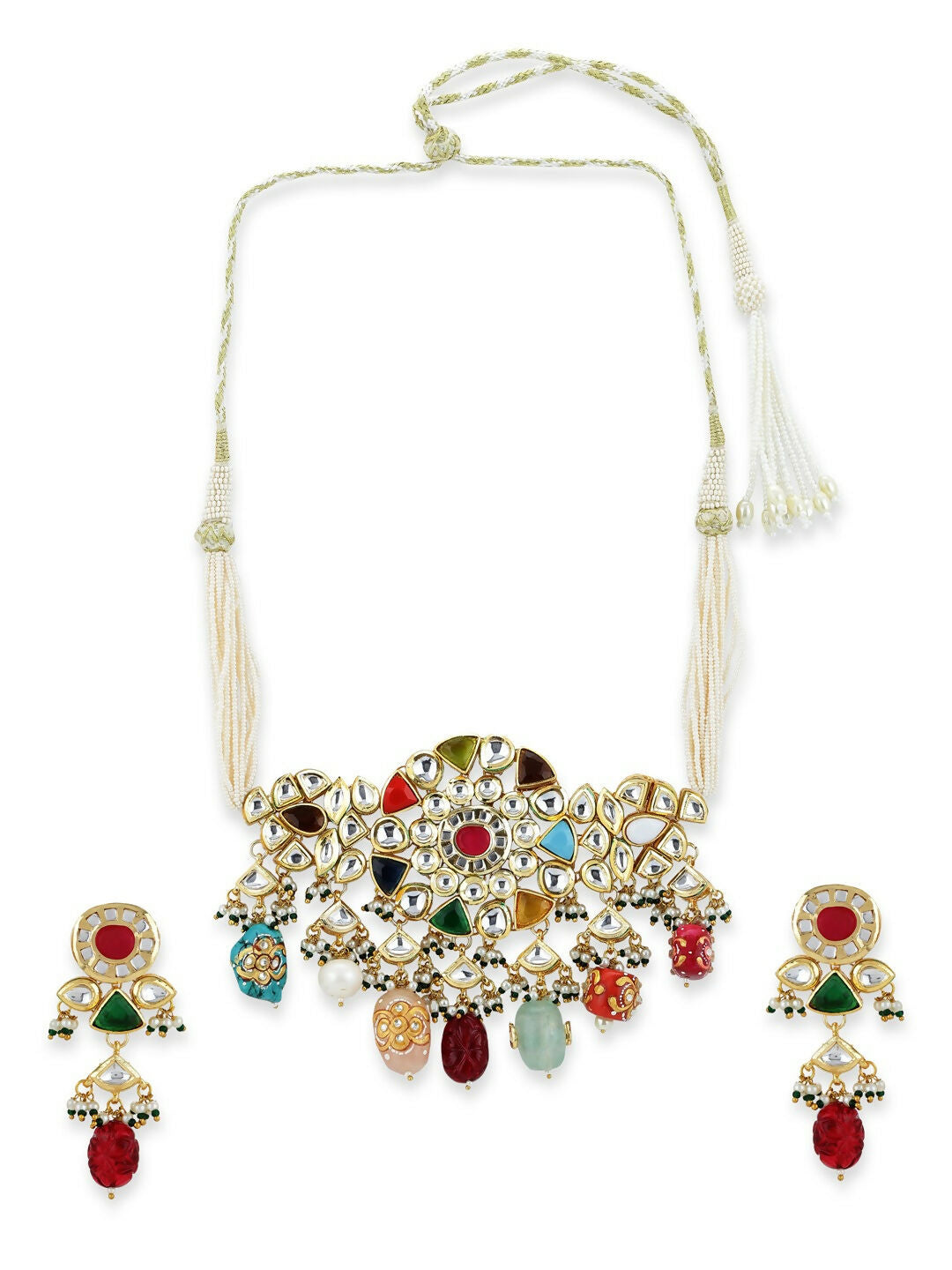 Maharani Multi Kundan Choker with Earrings- Ruby Raang | Swadesiicart