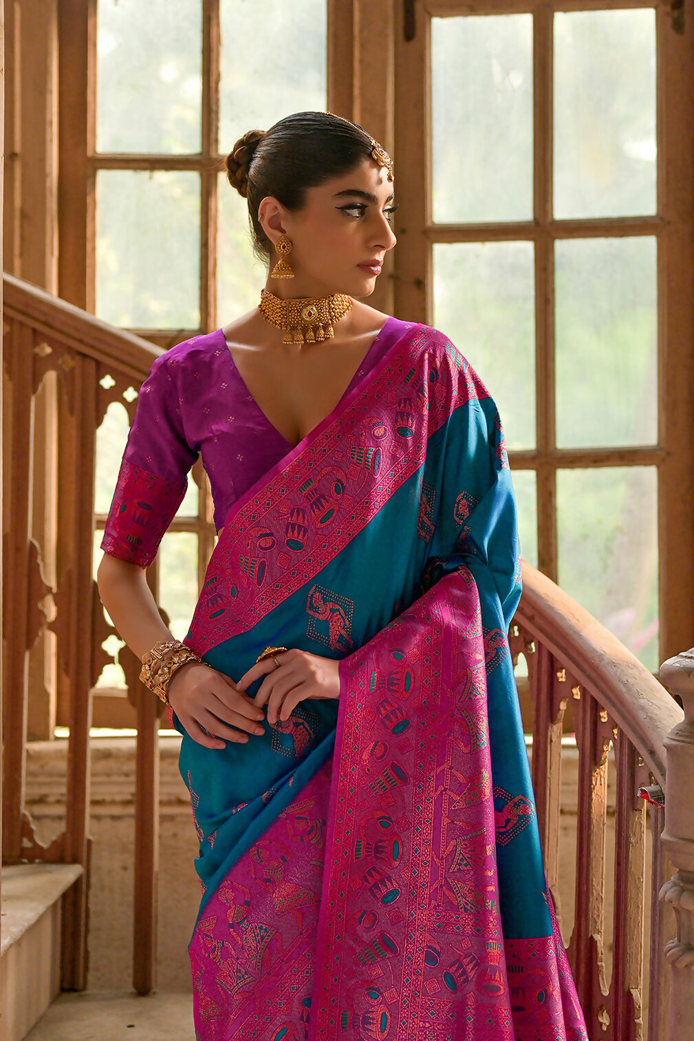 Vishnu Weaves Women's Firozi Banarasi Silk Kalamkari Zari Woven Saree with Blouse - Swadesiicart