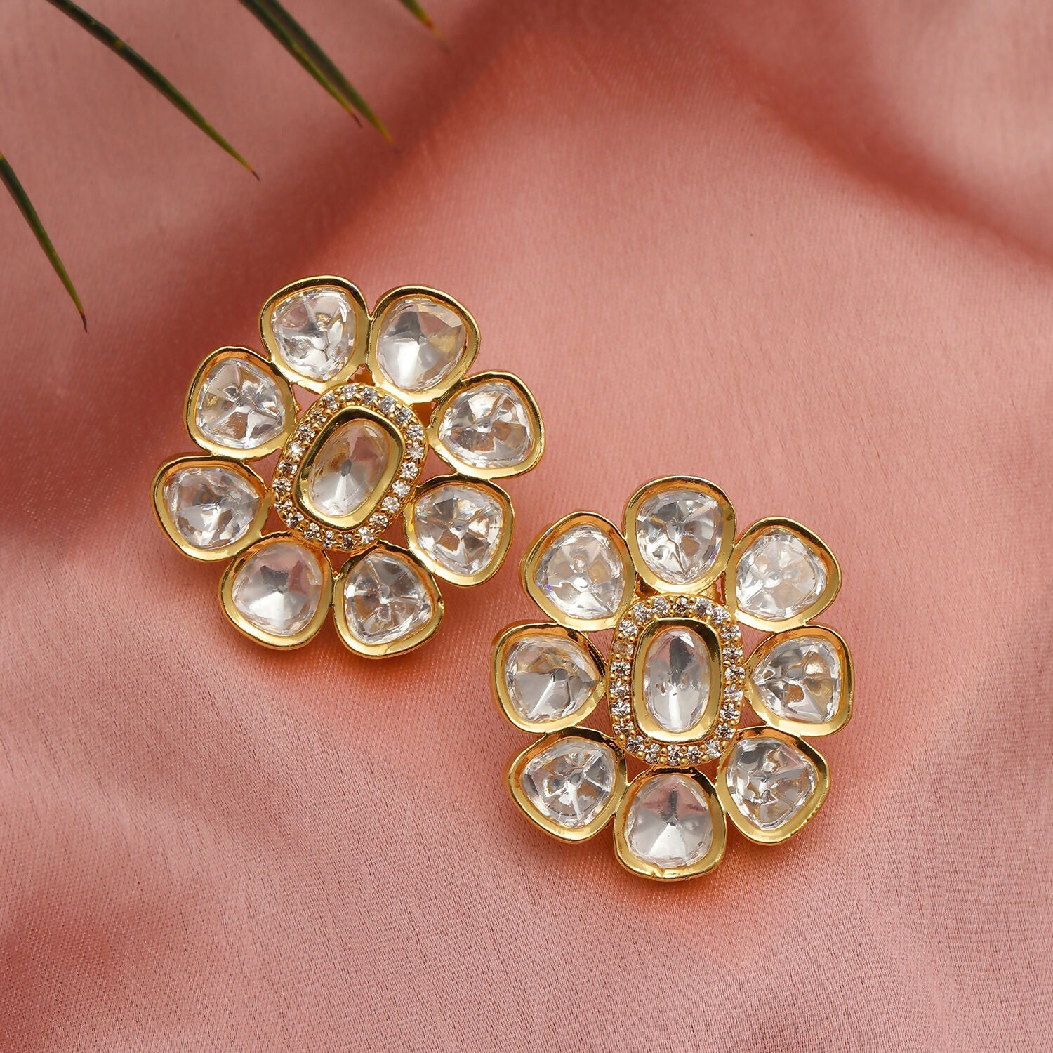 Oversized Round Kundan Studs (Gold) - Ruby Raang - Swadesiicart