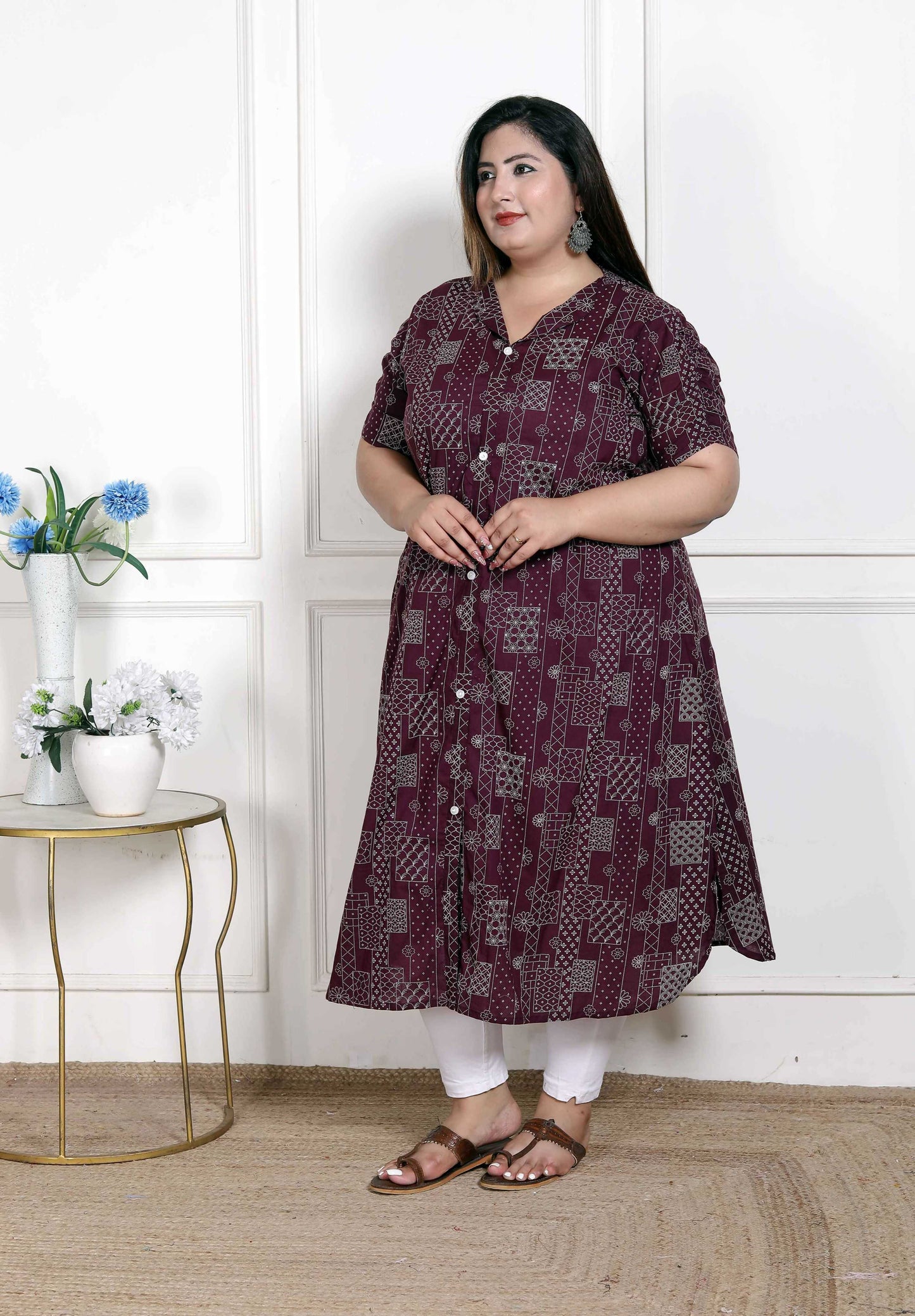 Miravan Women's Plus Size Wine Mandarin Neck Floral Printed A-Line Party wear Kurta - Swadesiicart