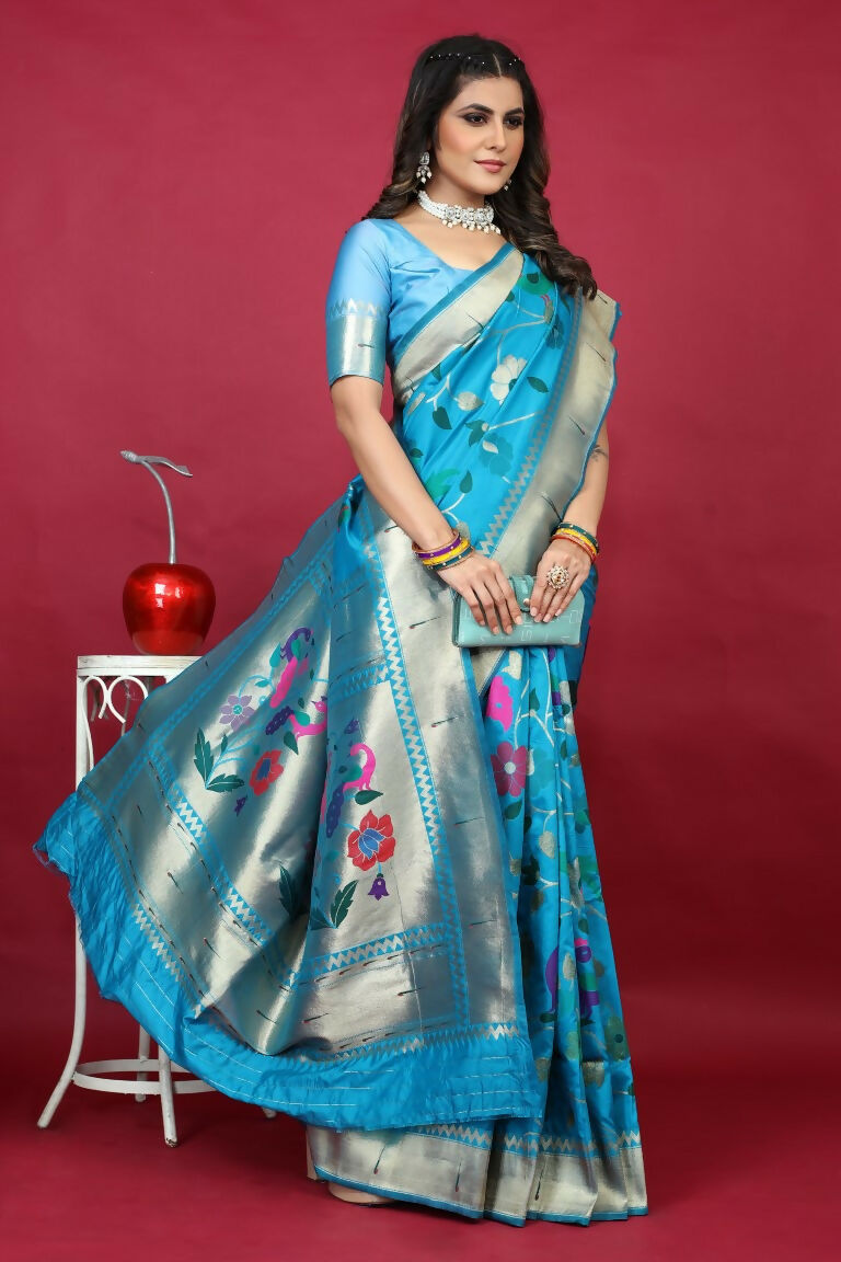 Jyoti Fashion Women's Sky Blue Paithani Silk Zari Woven Saree with Blouse | Swadesiicart