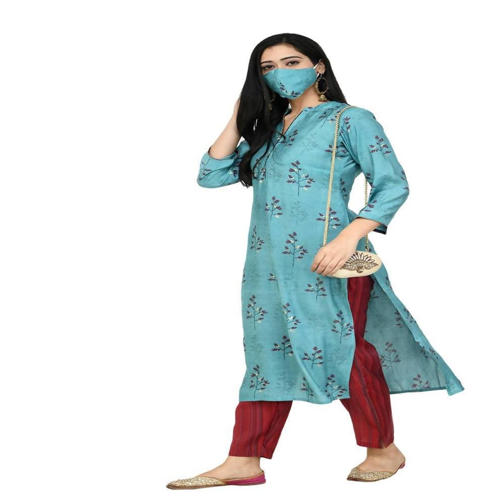 Lagi Women's Turquoise Blue Printed Straight Kurta & Pant (MC41A) | Swadesiicart
