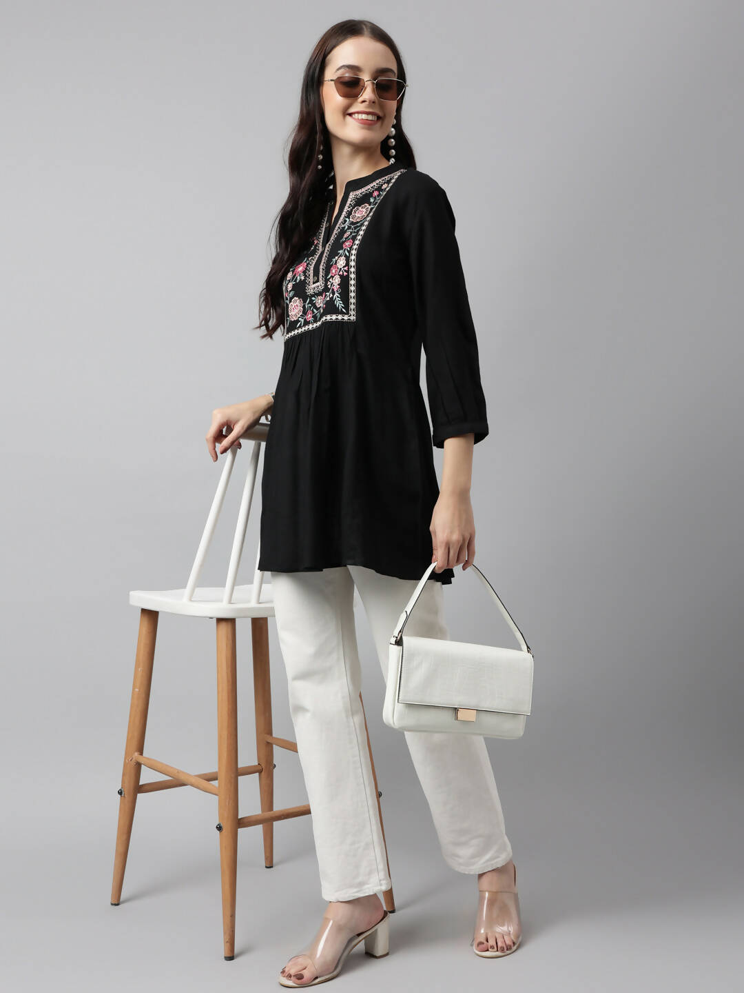 Black Rayon Yoke Embroidered A-line Top - Tarini - Swadesiicart