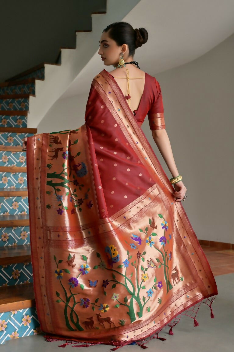 Vishnu Weaves Women's Maroon Paithani Silk Zari Woven Saree with Blouse - Swadesiicart
