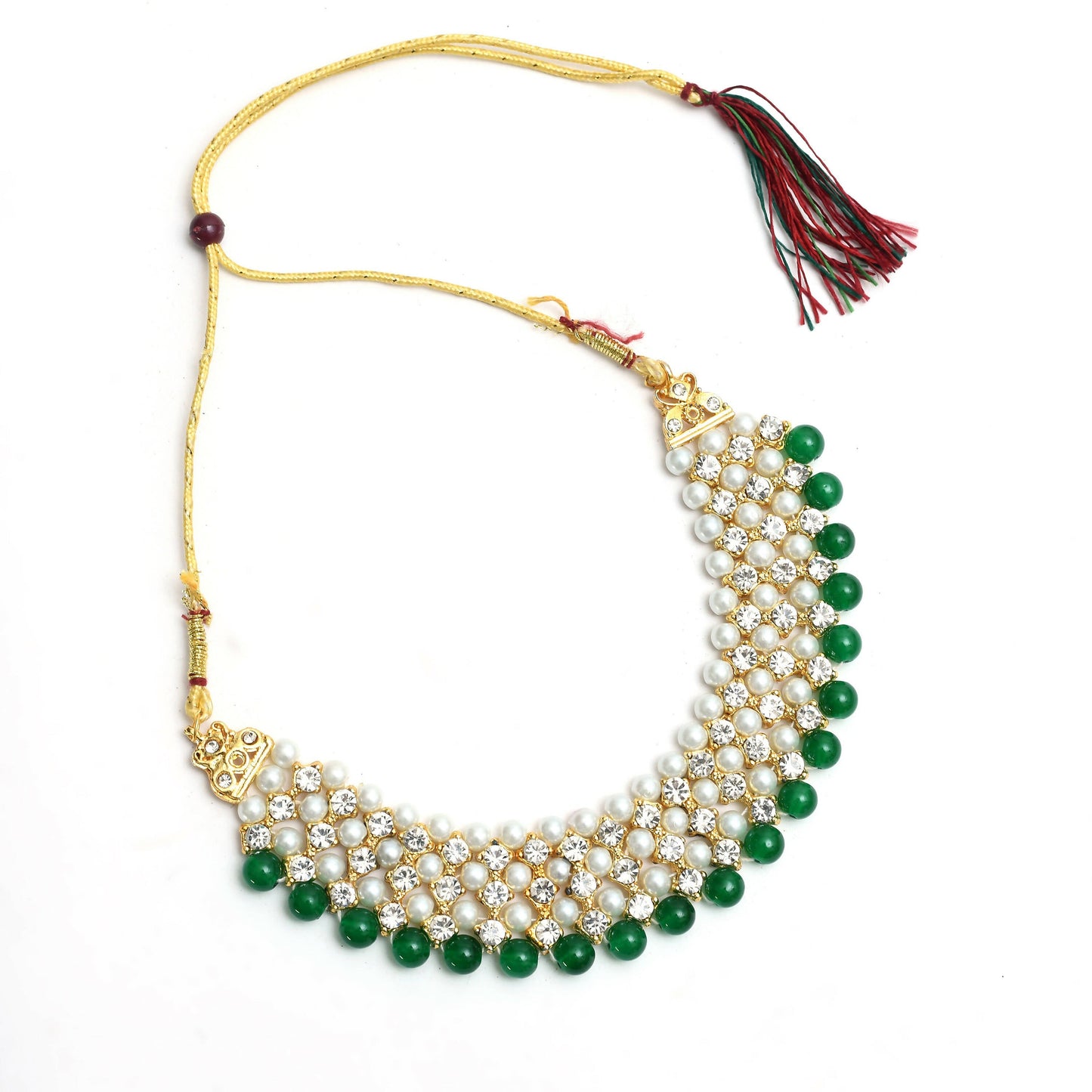 Mominos Fashion Johar Kamal Gold-Polished Rani Haar with Cream Green and Off white Pearls Jewellery Set - Swadesiicart