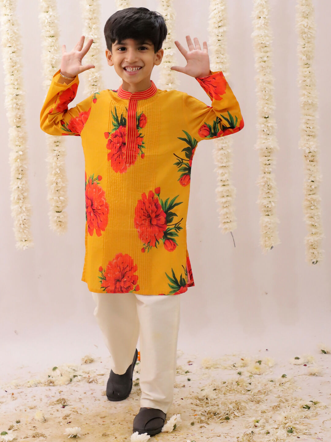 Lil Drama Genda Phool Mustard Kurta and White Pant Set for Boys | Swadesiicart