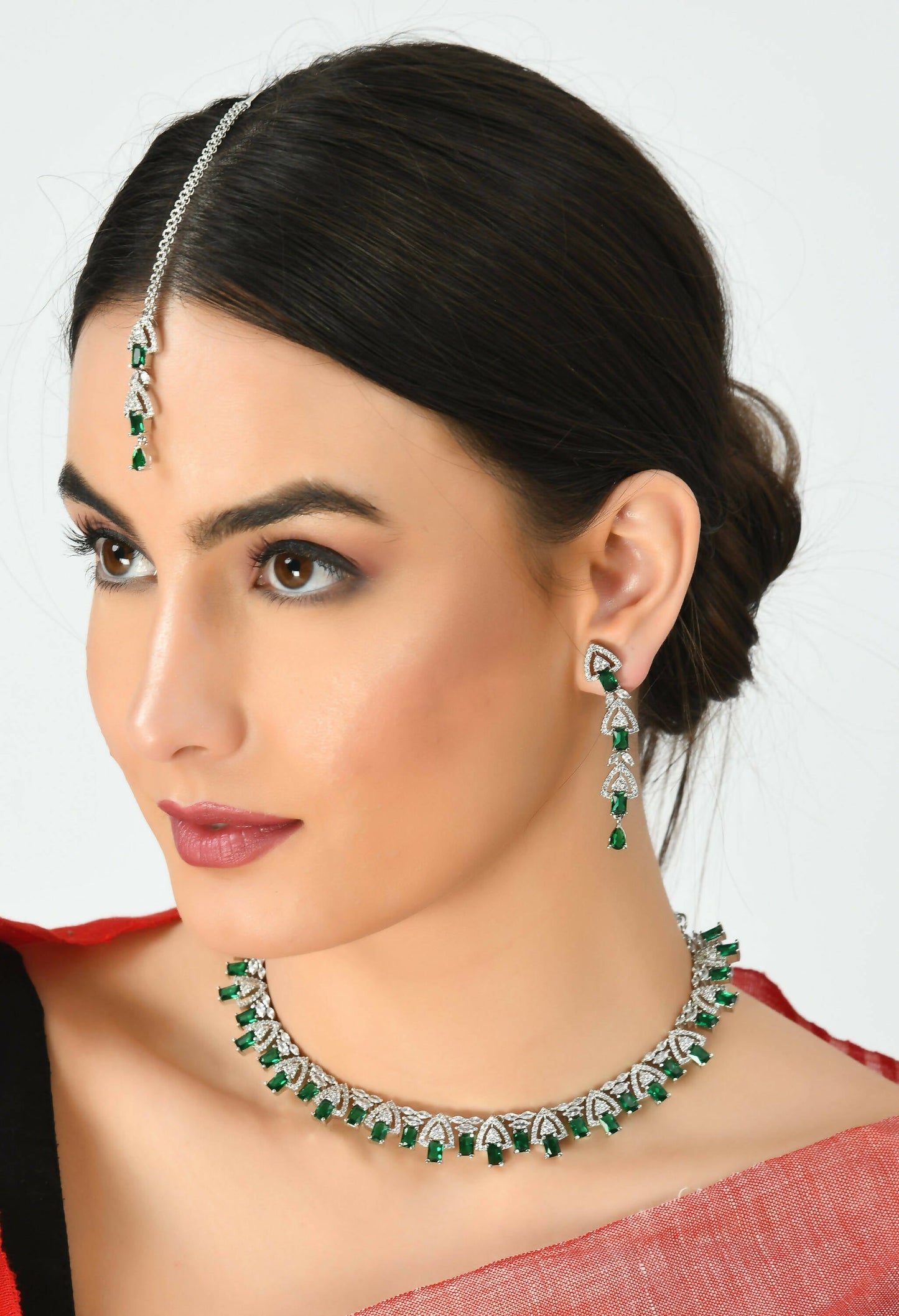 Mominos Fashion Johar Kamal Silver-Plated American Diamond Green Choker Set | Swadesiicart