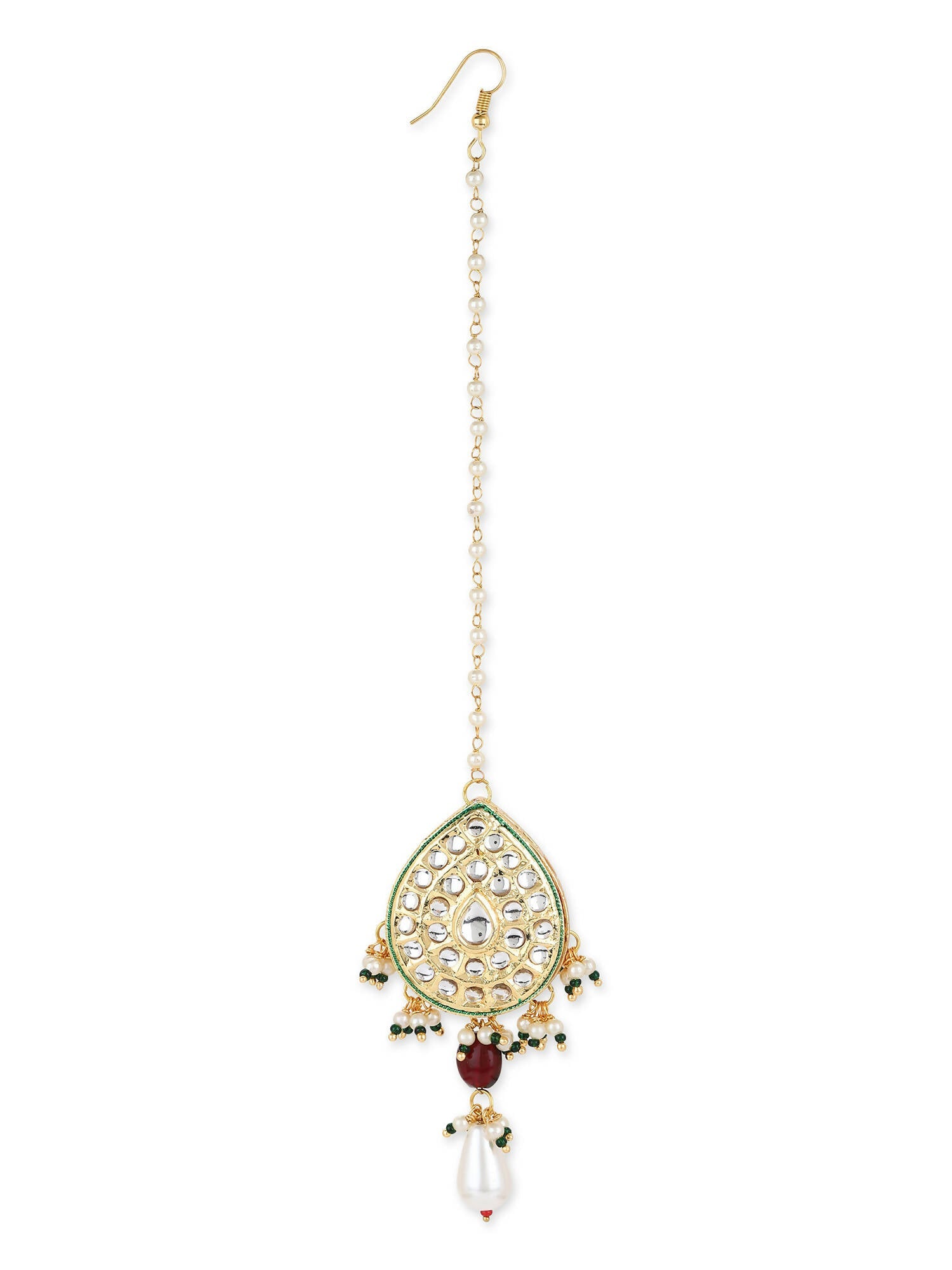Gold-Polished White Green Kundan-Studded Pearl Beaded Maang Tikka - Ruby Raang | Swadesiicart