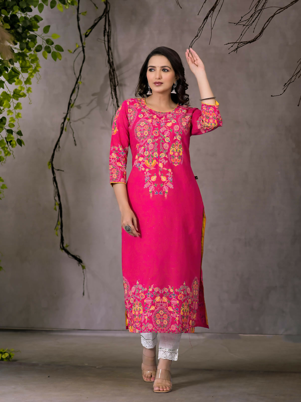 Juniper Women's Pink Thread Embroidered Liva Rayon Kurta With Sequins & Beads - Swadesiicart