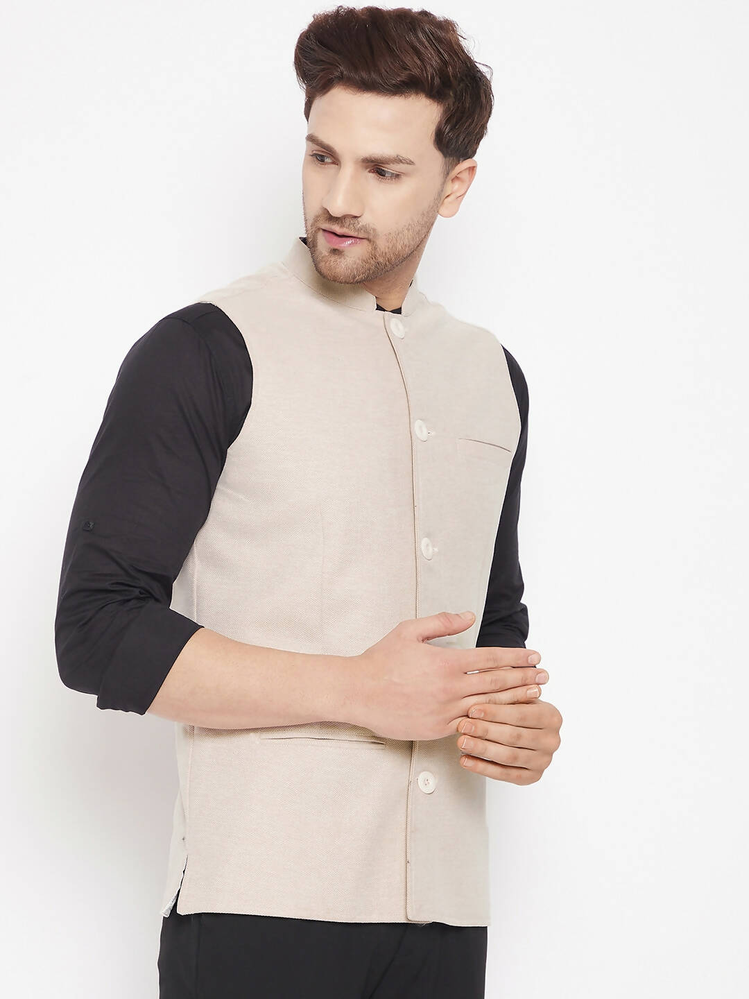 Even Apparels Cream Merino Men Woven Nehru Jacket | Swadesiicart