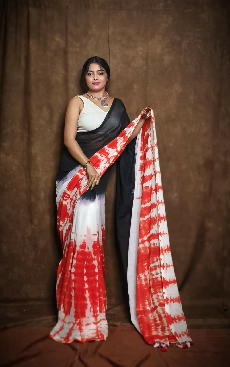Exclusive Collection Black Red Beautiful Super Soft Most Comfortable Pure Mul Cotton Saree - Swadesiicart