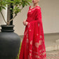 Vishnu Weaves Women's Red Linen Silk Zari Weaving Saree with Blouse - Swadesiicart